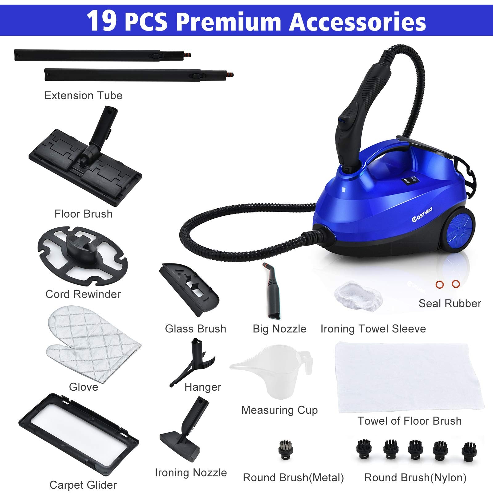 Costway 2000W Multipurpose Steam Cleaner With 19 Accessories, Household Steamer W/ 1.5L Tank For Chemical Free Cleaning, Heavy D