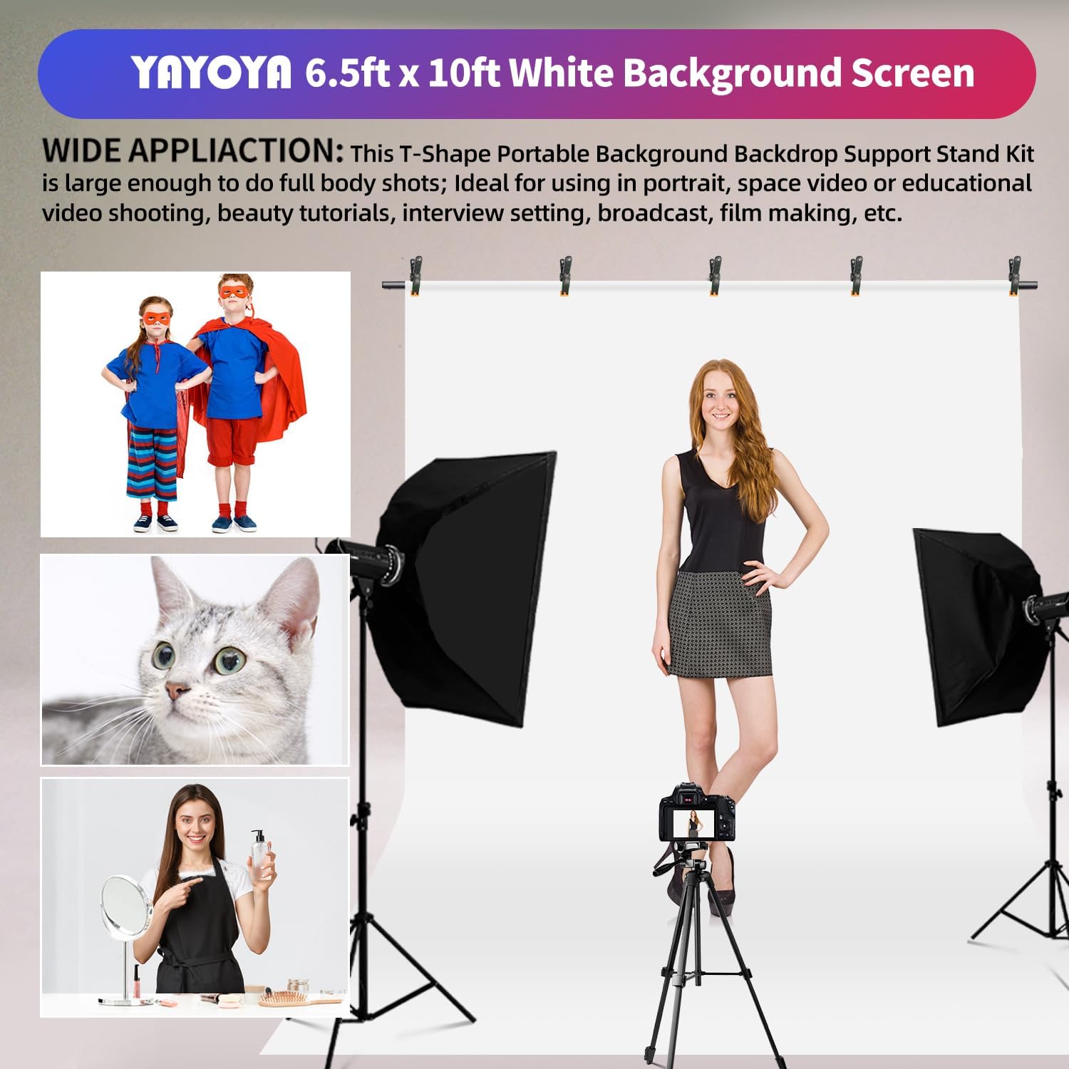 White Photo Backdrop With Stand Kit, 6.5X10Ft White Background Backdrop Screen With 6.3X6.5Ft T Shape Stand, Portable White Back