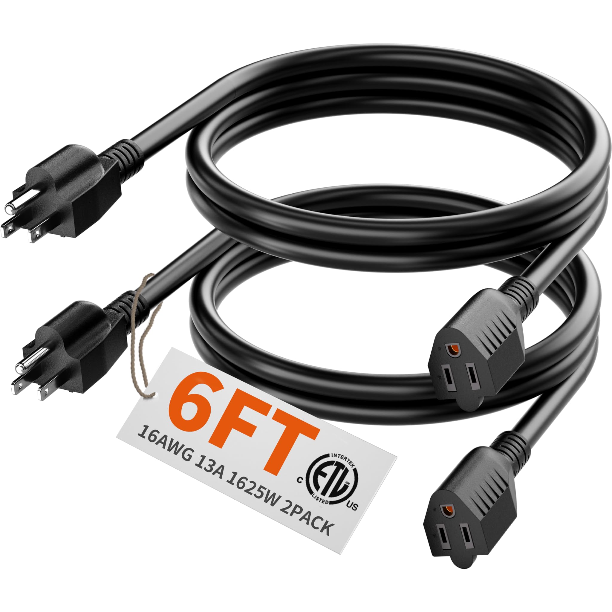 Huanchain 6 Ft(2 Pack) 16 Gauge Black Indoor Outdoor Extension Cord Waterproof, Flexible Cold Weather 3 Prong Electric Cord Outs
