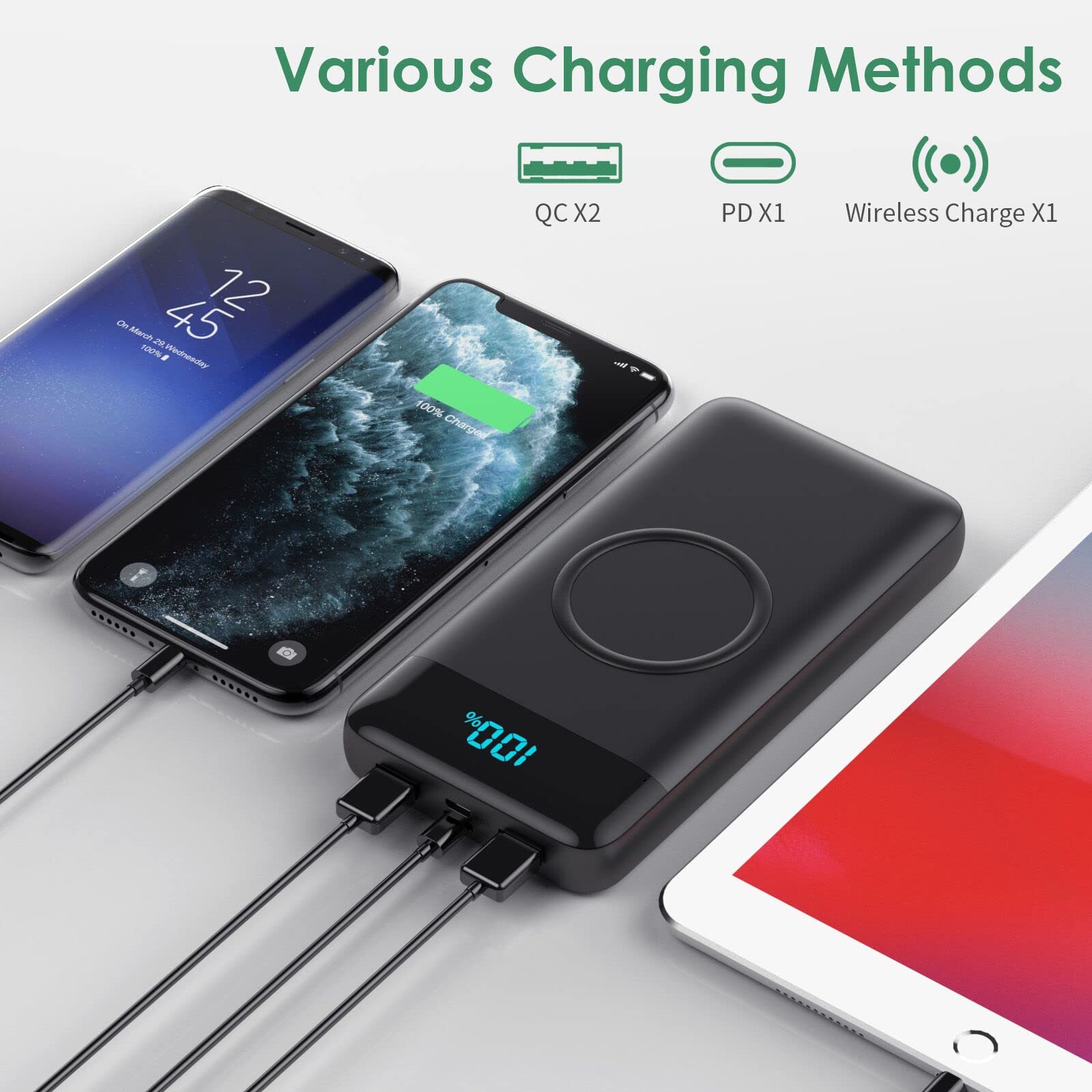 Wireless Portable Charger 30,800Mah 15W Wireless Charging 25W Pd Qc4.0 Fast Charging Smart Led Display Usb C Power Bank, 4 Outpu