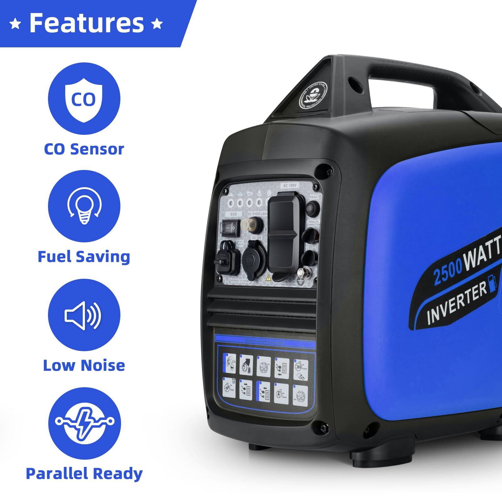 Portable Inverter Generator 2500W Gas Powered, Quiet Generators For Home Use, Camping, Emergency Home Backup, Parallel Ready, Wi