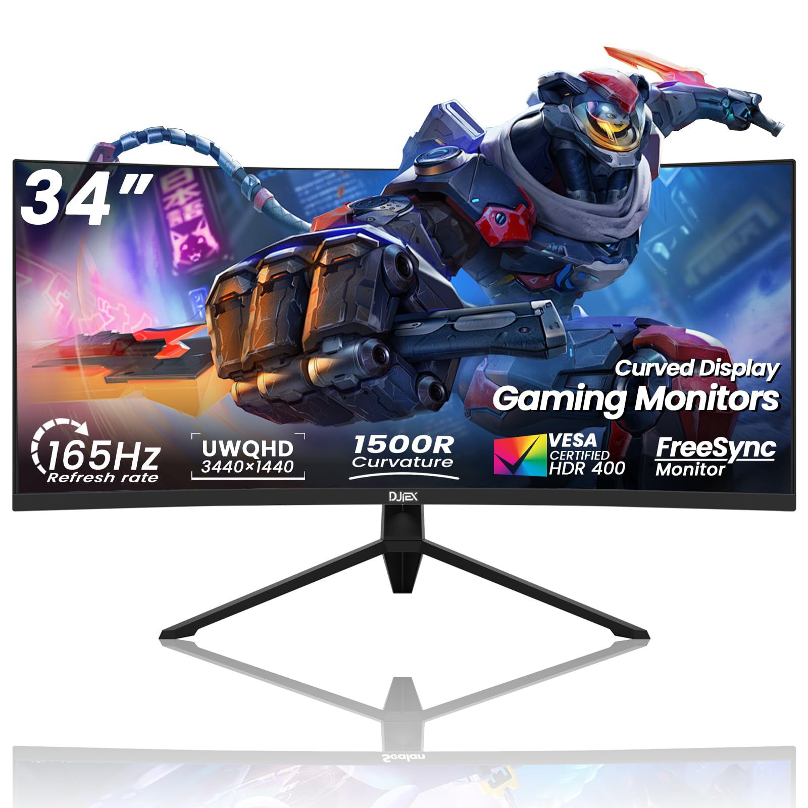 DJiEX 34 Inch Curved Gaming Monitor,21:9 WQHD 3440x1440 165Hz Curved 1500R - Ultrawide Computer Monitor PIP/PBP,1ms(MPRT) 127% s