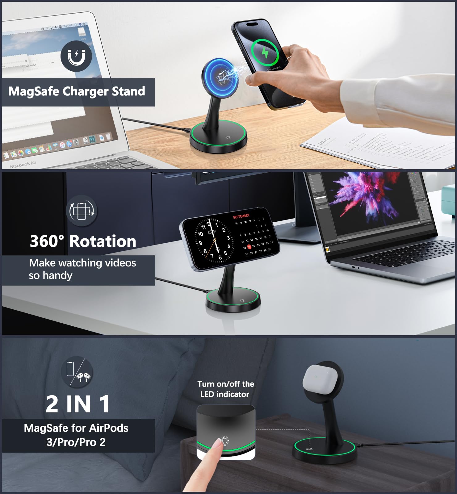 Magnetic Wireless Charger Stand 15W Fast Mag Safe Charger For Iphone 16/16 Pro/16 Plus/16 Pro Max/15/14/13/12 Series Magnet Wire
