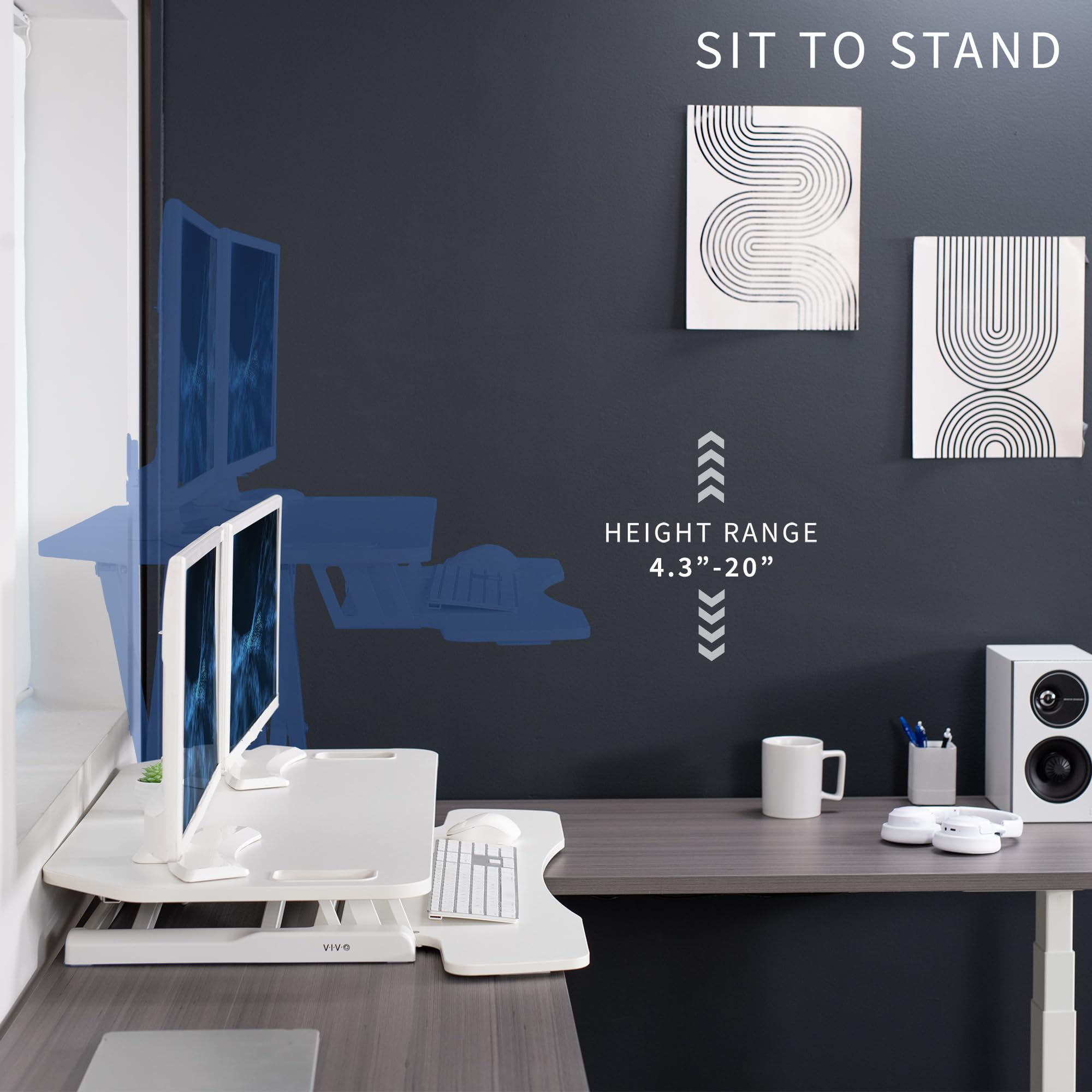 Vivo Extra Wide 38 Inch Corner Desk Converter, K Series, Height Adjustable Sit To Stand Riser, Dual Monitor And Laptop Workstati
