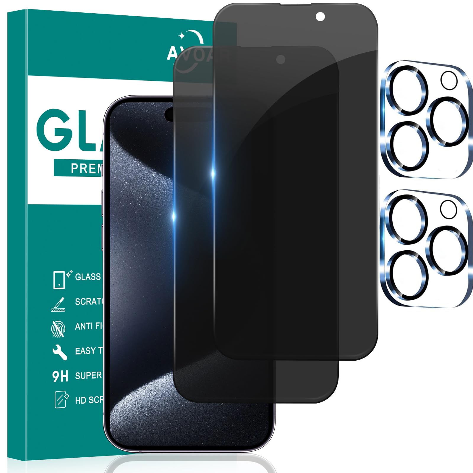 Avoar [2+2 Pack Privacy Screen Protector For Iphone 15 Pro Max With Camera Lens Protector, 6.7 Inch Tempered Full Screen Glass A