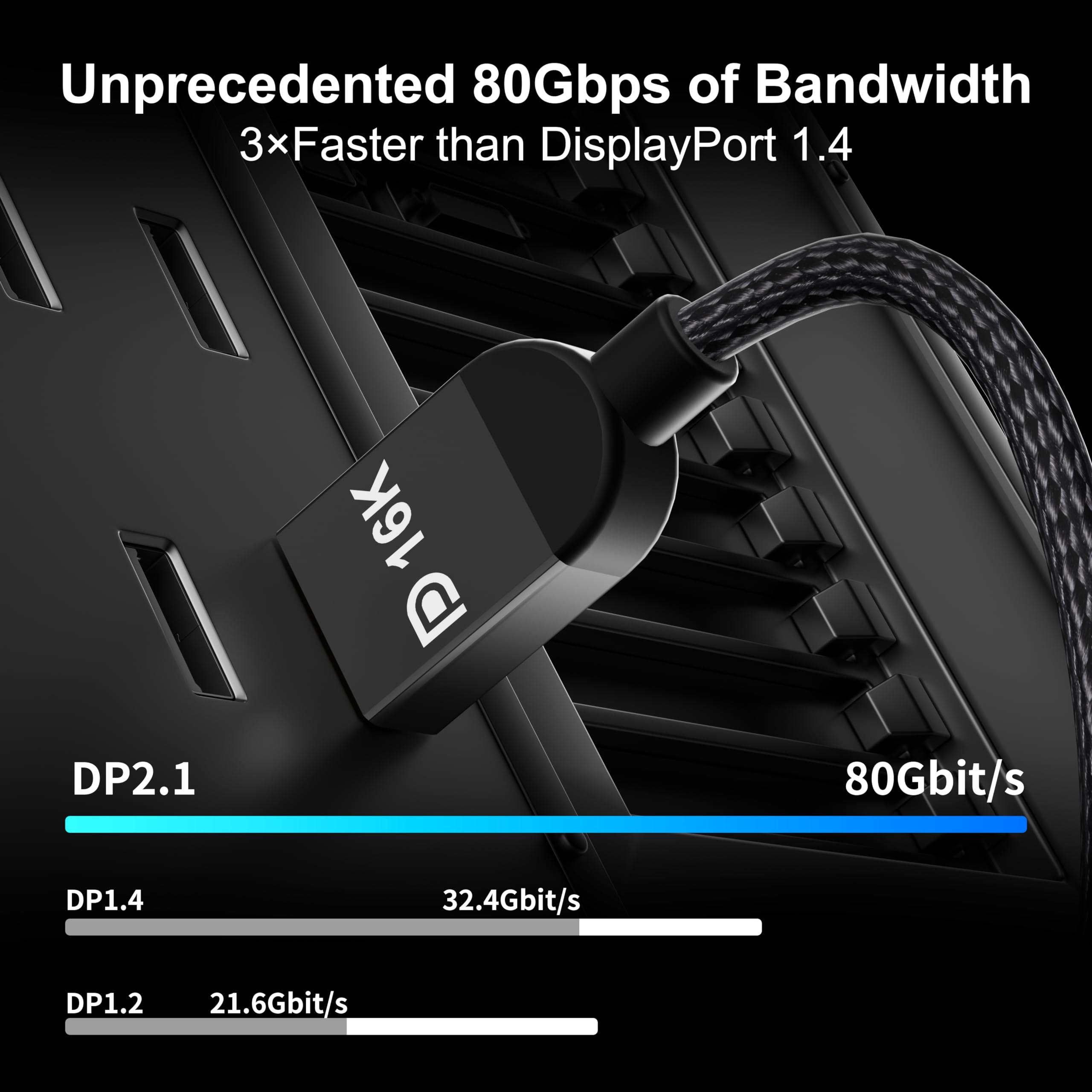 RUIPRO DisplayPort 2.1 Cable 10FT, 80Gbps UHBR20, 16K@60Hz, Black, Model SNCDP21V-3M,