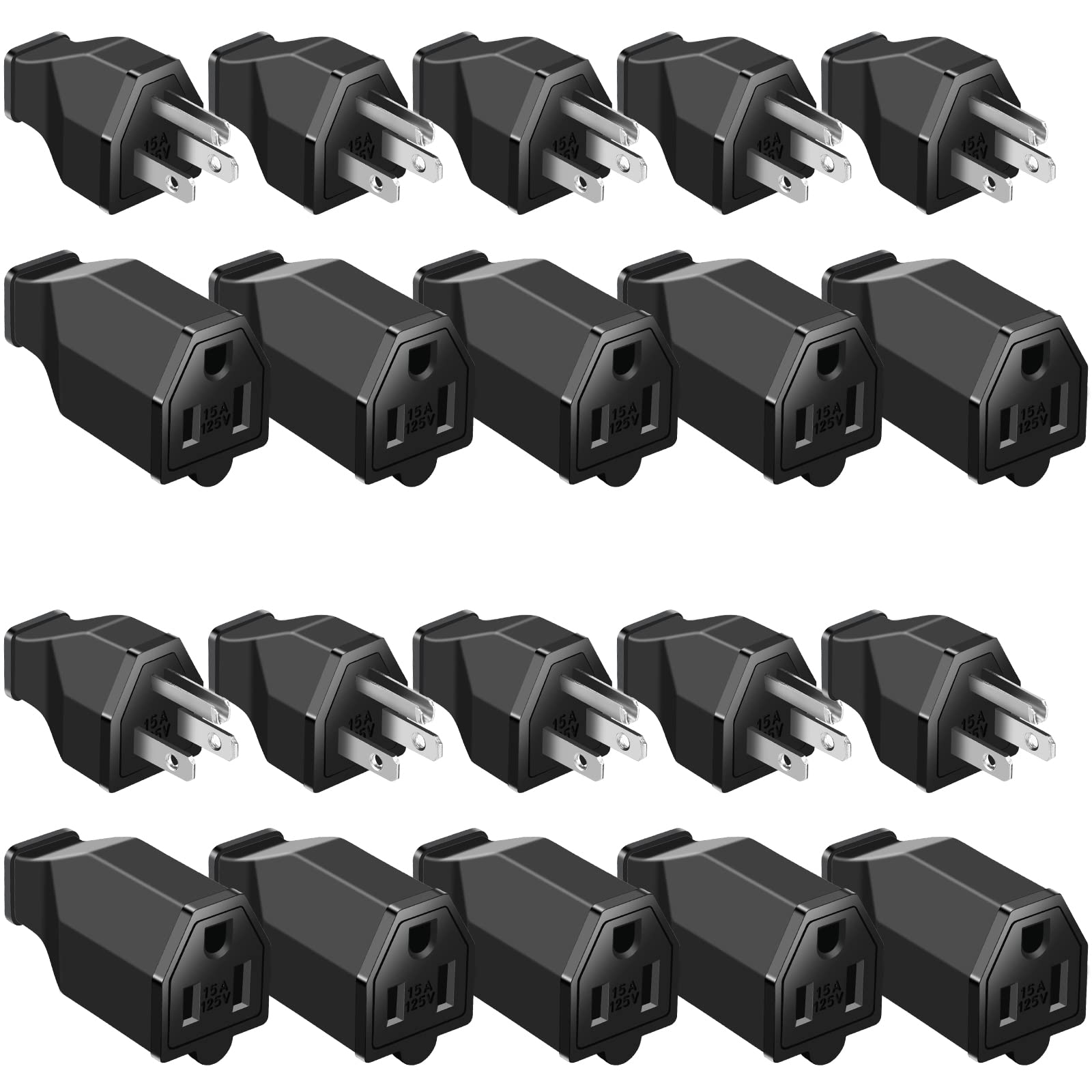 20 Pieces Extension Cord Plug Replacement Extension Cord Ends 125V 15A 2 Pole 3 Wire Male Plug And Female Connector Straight Plu