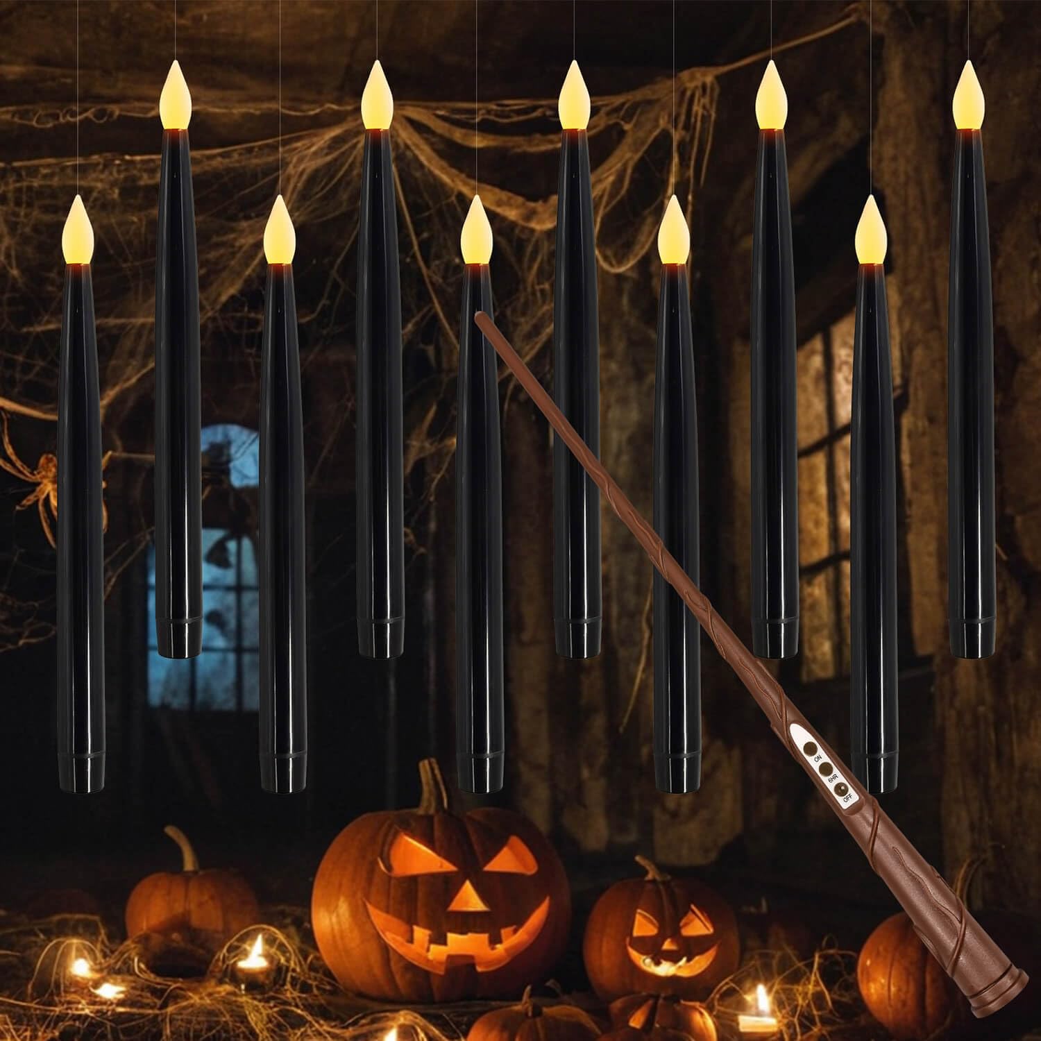Leejec 10 Pcs of 10.8 Floating Candles, Magic Wand Remote with 6/18H Timer, Halloween Decorations, Hanging Flameless Taper Candl