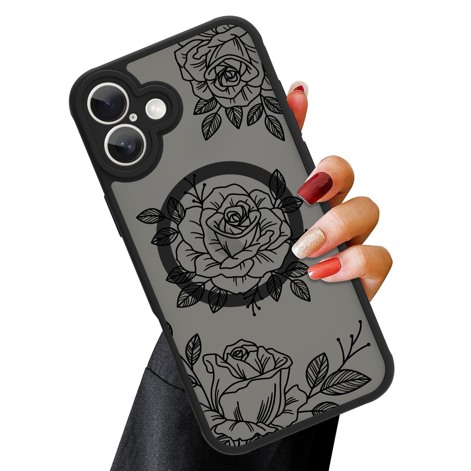 Ook Magnetic For Iphone 16 Case [Compatible With Magsafe] Black Flower Floral Slim Translucent Matte Case For Iphone 16 Case Cam