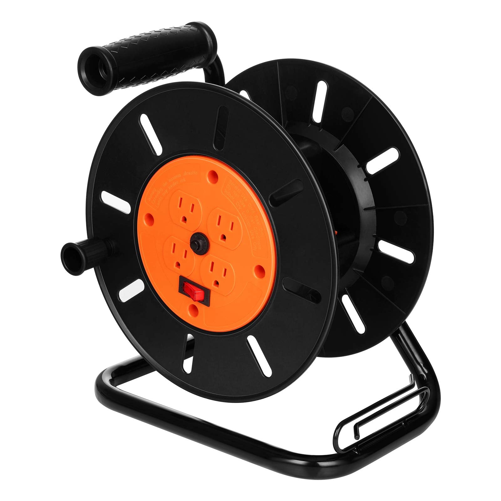 Suraielec Extension Cord Reel With 4 Outlets, 15 Amp Circuit Breaker, Sturdy Metal Stand, Holds 100 Ft 163, 143 Or 75Ft 123 Cord