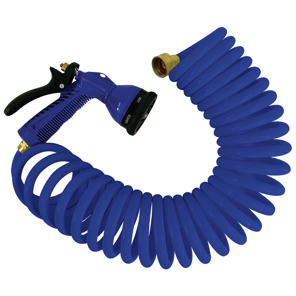Whitecap 25&#39; Blue Coiled Hose W/Adjustable Nozzle,WBHDWA001345599