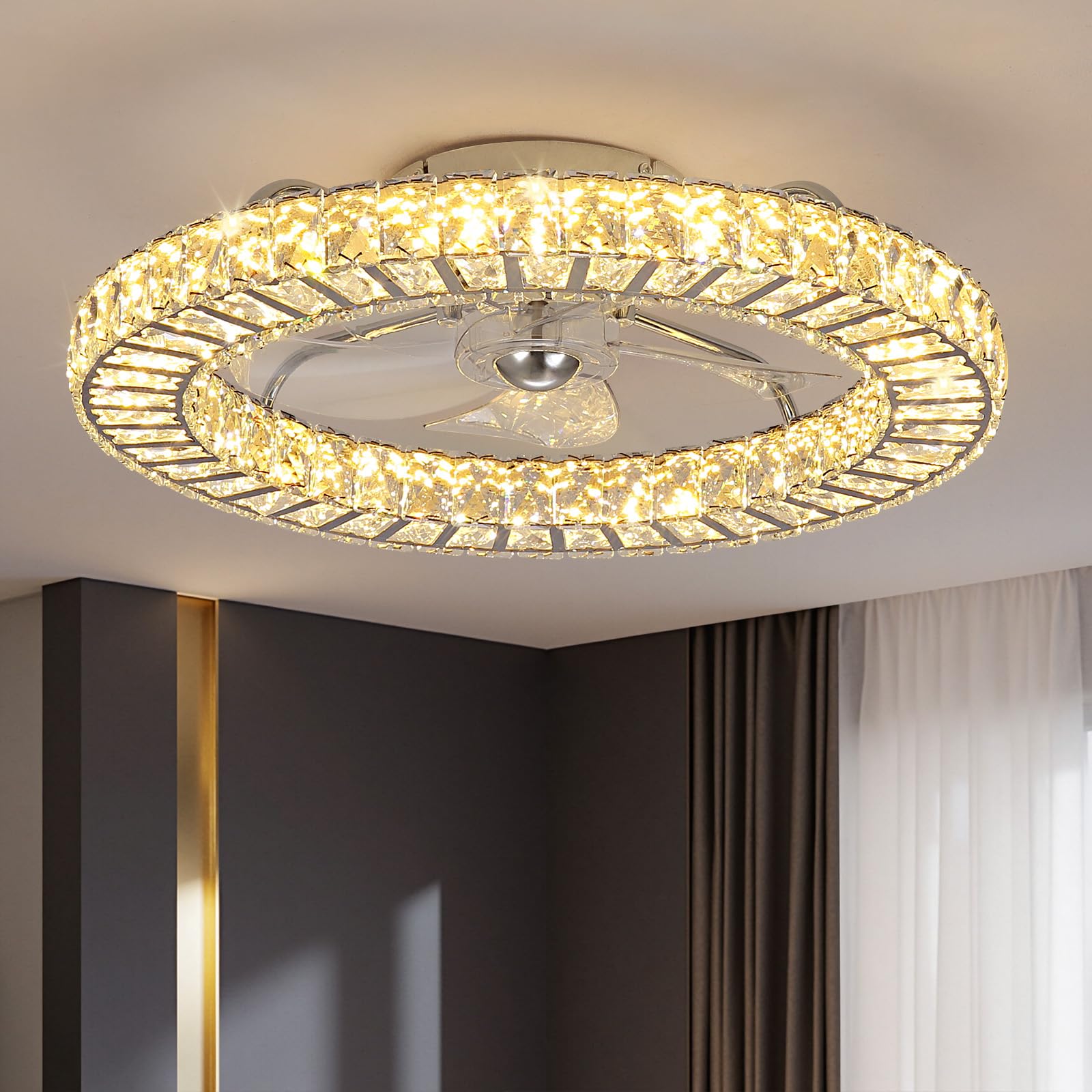 LUDOMIDE 22 Modern Crystal Chandelier Ceiling Fan With Light, Smart 4-Light Color Change, LED Fandelier, Low Profile for Bedroom