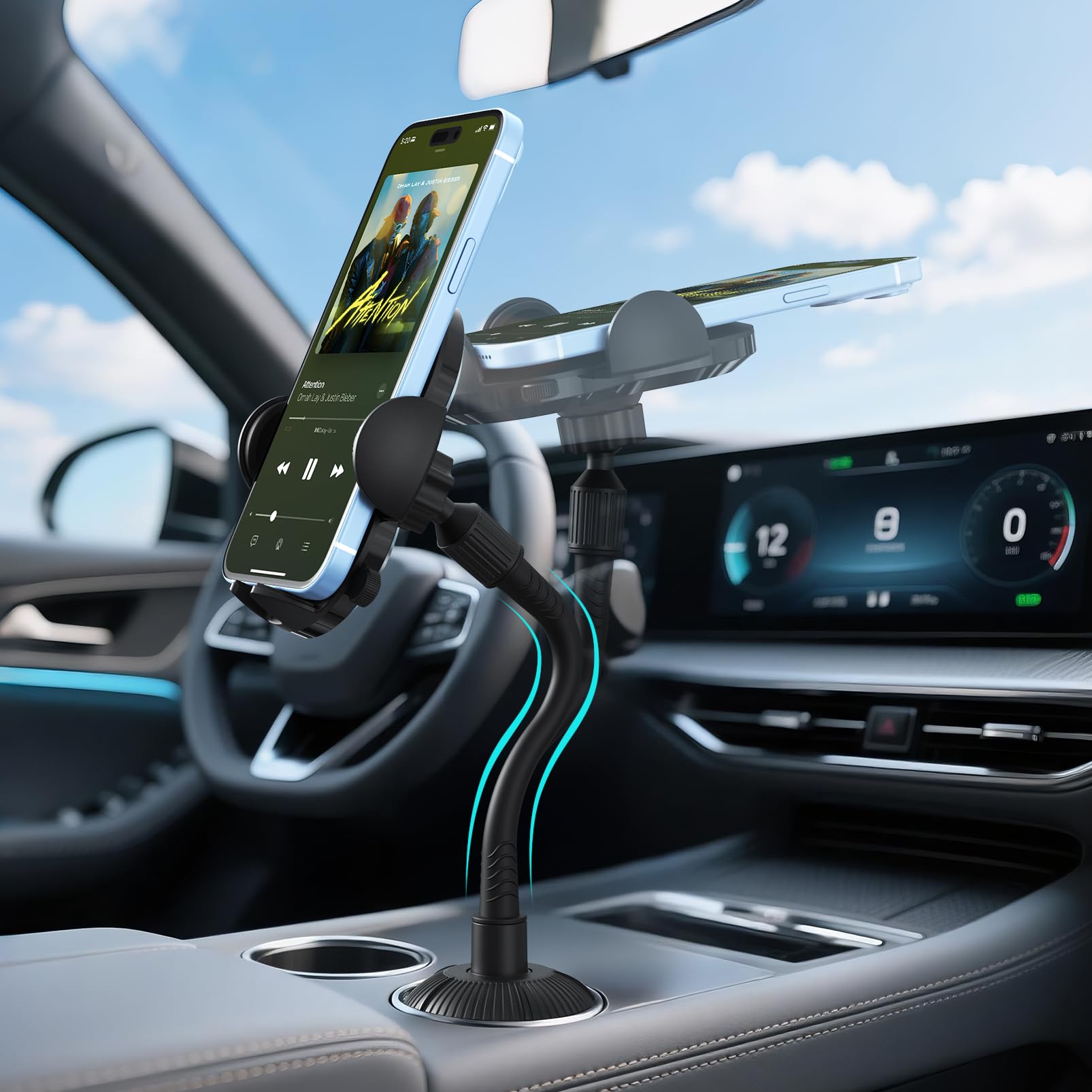 Welvath Cup Phone Holder For Car With Adjustable Long Gooseneck, Car Mount Cup Cell Phone Holders For Your Car Truck Golf Cart A