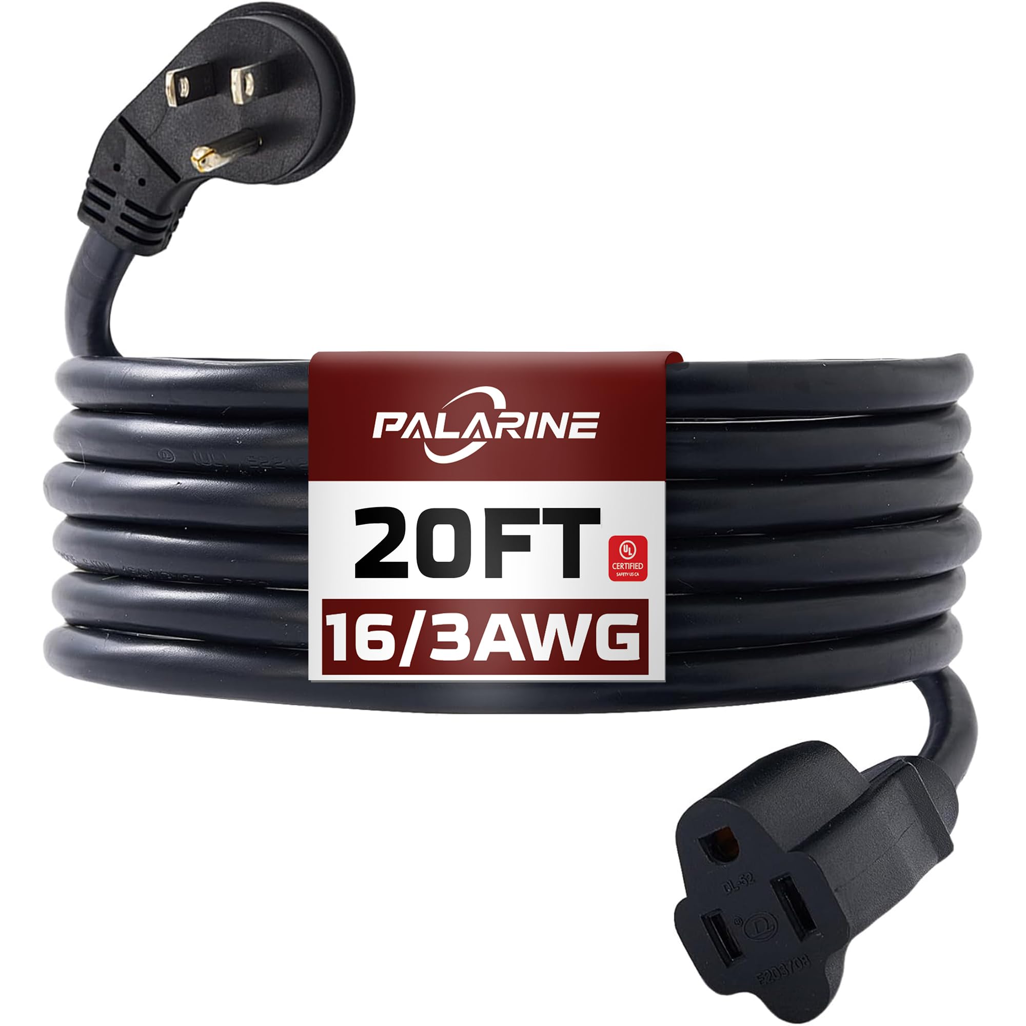 Palarine Indoor Flat Plug Black Extension Cord 20Ft, Ul Listed, 16/3 Sjtw 3 Prong Heavy Duty, 16 Gauge 13A Power Cord For Lights