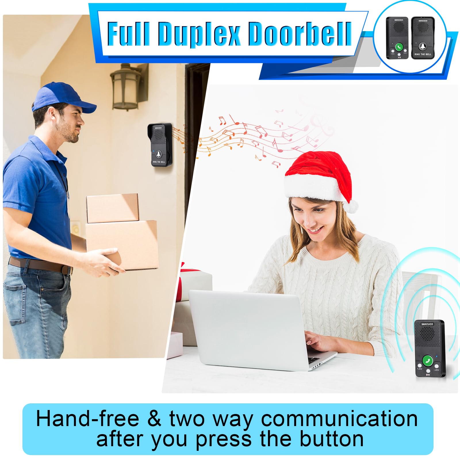 Sanzuco Doorbells, Hands Free Wireless Doorbell Intercom Upgrade, Waterproof Full Duplex Door Bell 1000 Feet Two Way Communicati