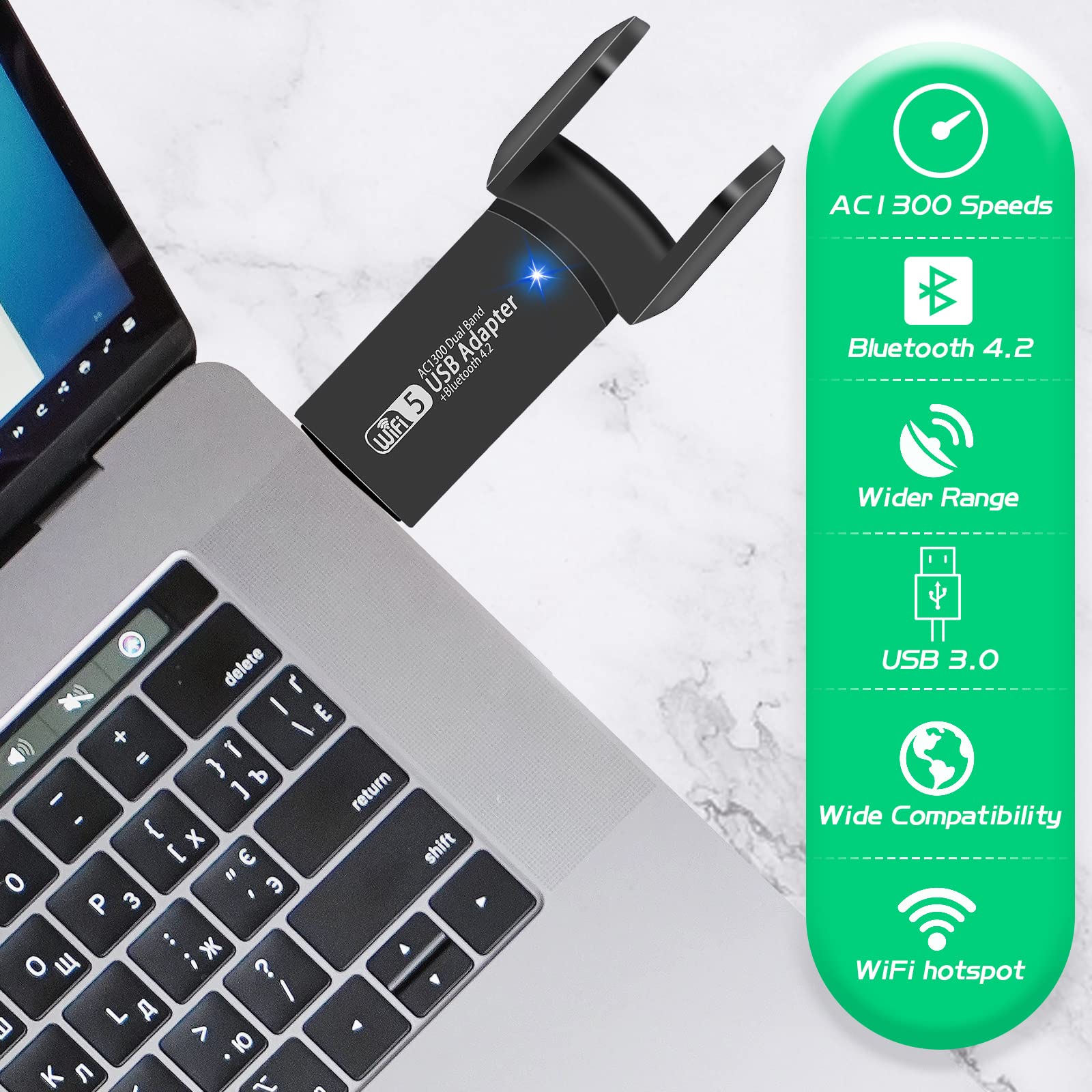 Usb Wifi Bluetooth Adapter, 1300Mbps Dual Band 2.4/5Ghz Wireless Network External Receiver, Mini Wifi Dongle For Pc/Laptop/Deskt