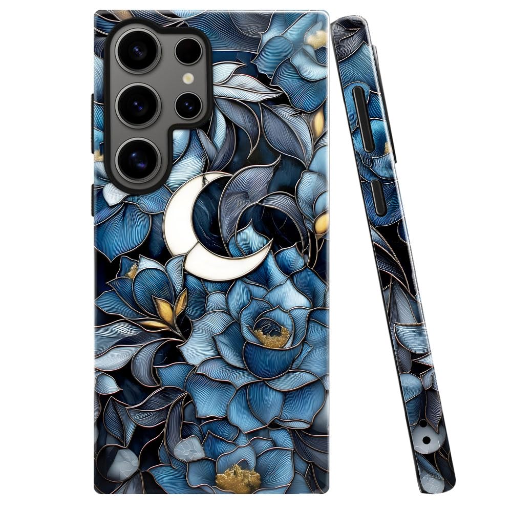 Case for Samsung Galaxy S23 Ultra,Stained Glass Floral and Moon Phone Case Military-Grade Drop Protection Cover for Women Girl -