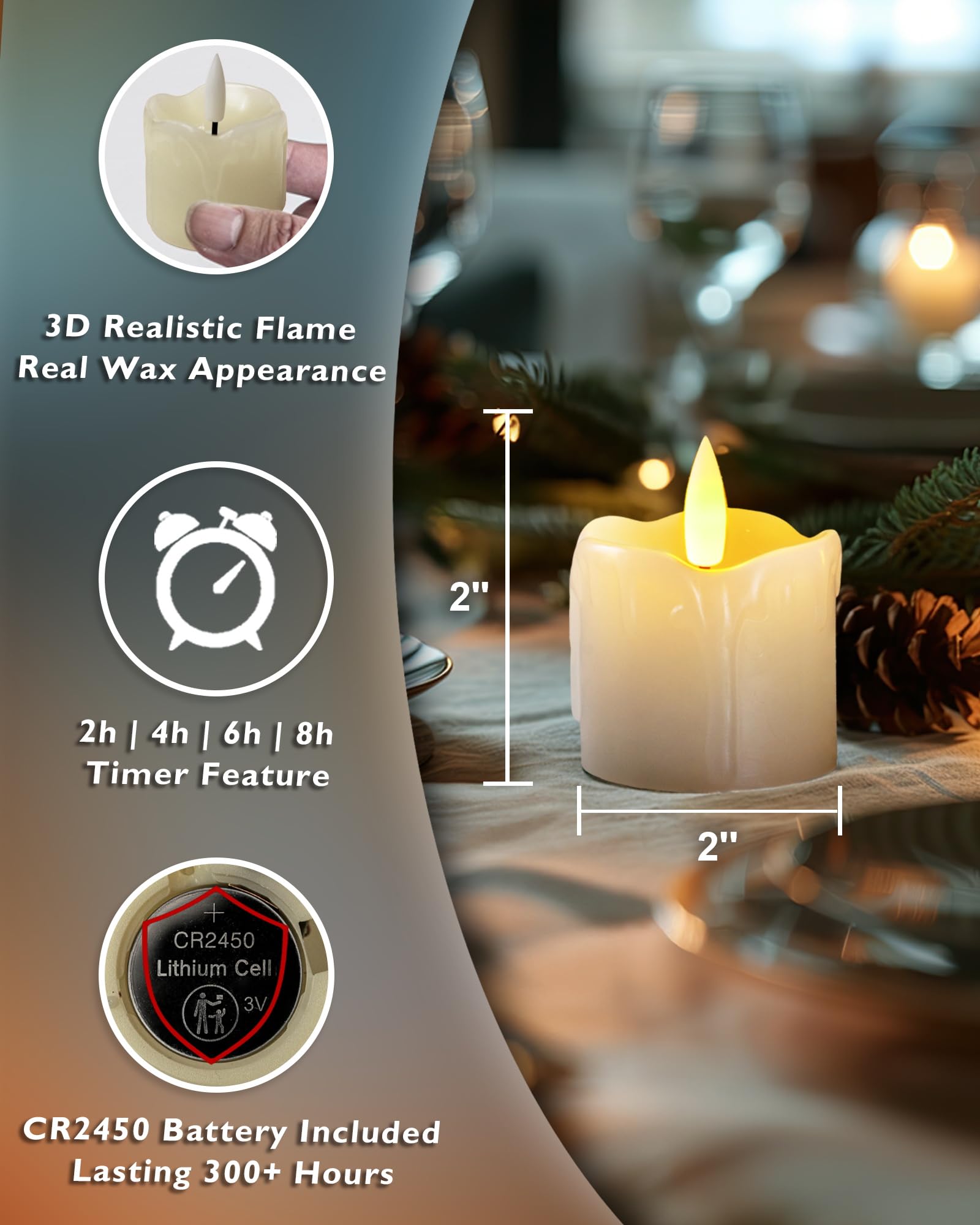 Homemory Flameless Votive Candles With Timer Remote, 2'' X 2'' Real Wax, 300+ Hour Realistic Black Wick Battery Operated Candles