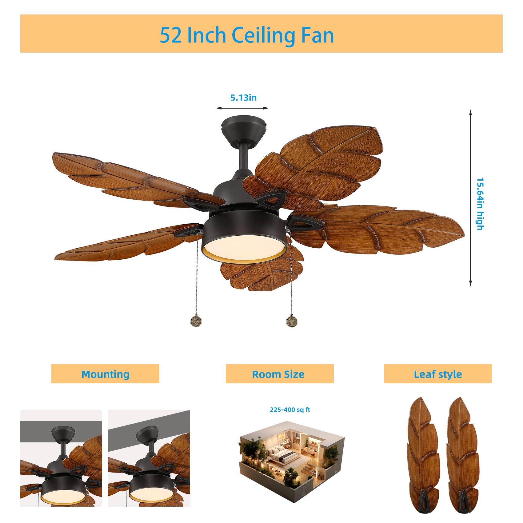 Senroyal 52 Inch Ceiling Fan With Light Pull Chain, Tropical Indoor And Outdoor Ceiling Fan For Patio, Bedroom, Living Room, Rev