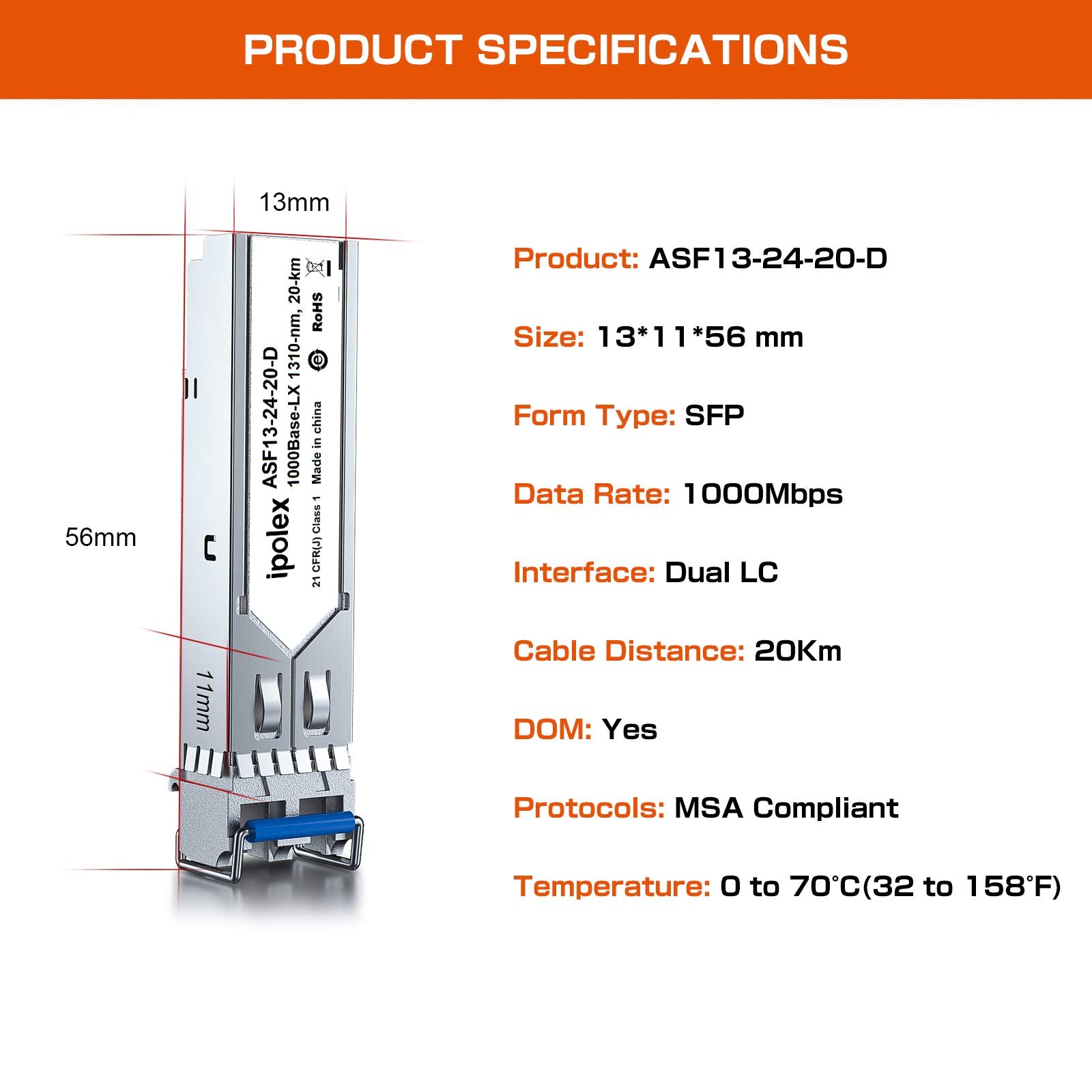 Ipolex 1000Base Lx/Lh Sfp Transceiver, 1.25G Single Mode Sfp Lc Fiber Module, Gigabit Mini Gbic Up To 20Km, Compatible With Hp P