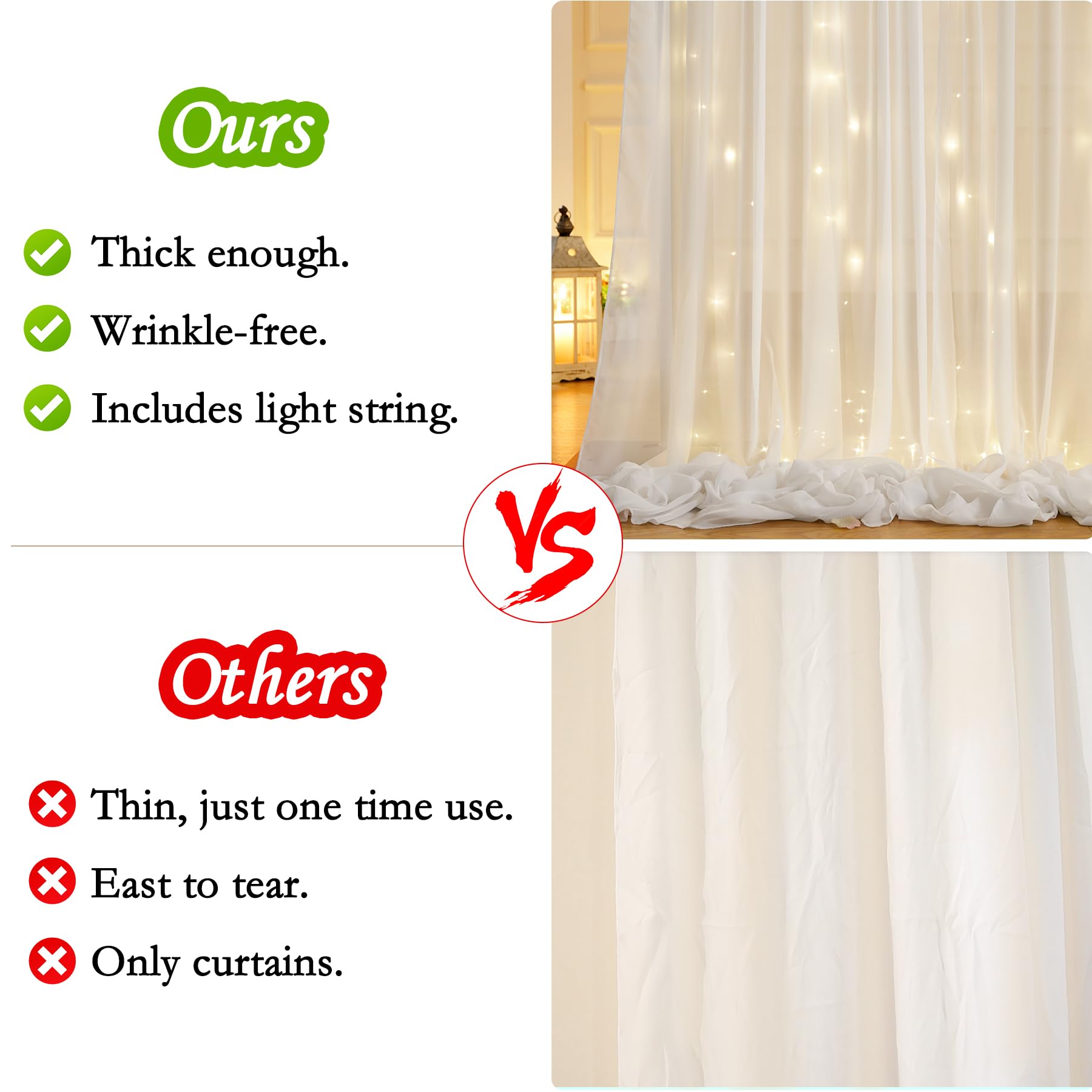 10Ft X 7Ft Cream White Chiffon Backdrop Curtain With Lights String For Parites Wedding Wrinkle Free Curtain Photo Backdrops Drap