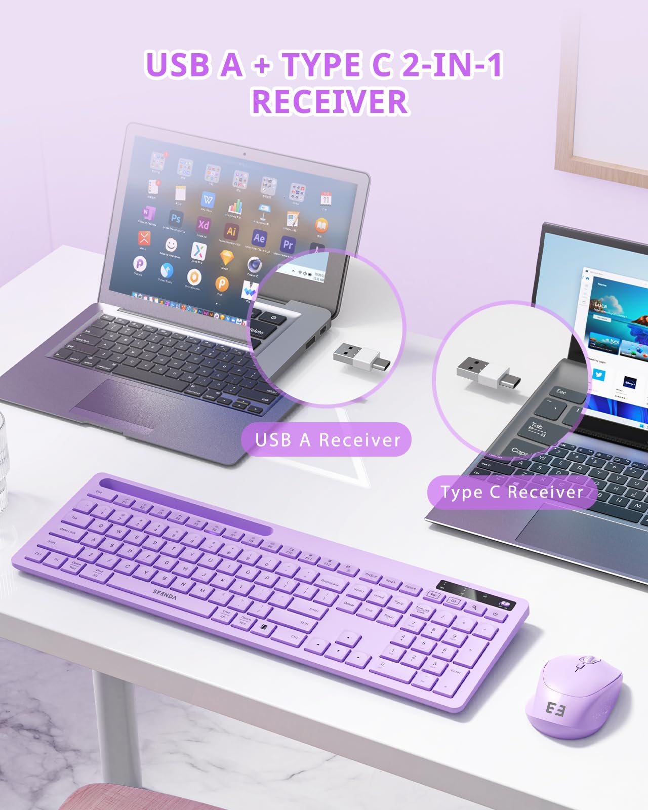 Wireless Keyboard And Mouse For Macbook, Seenda Full Size Purple Keyboard With Phone Holder, 2.4G Usb A & Type C Receiver, Compatible For Mac, Macbook/Air/Pro Windows Computer/Desktop/Laptop
