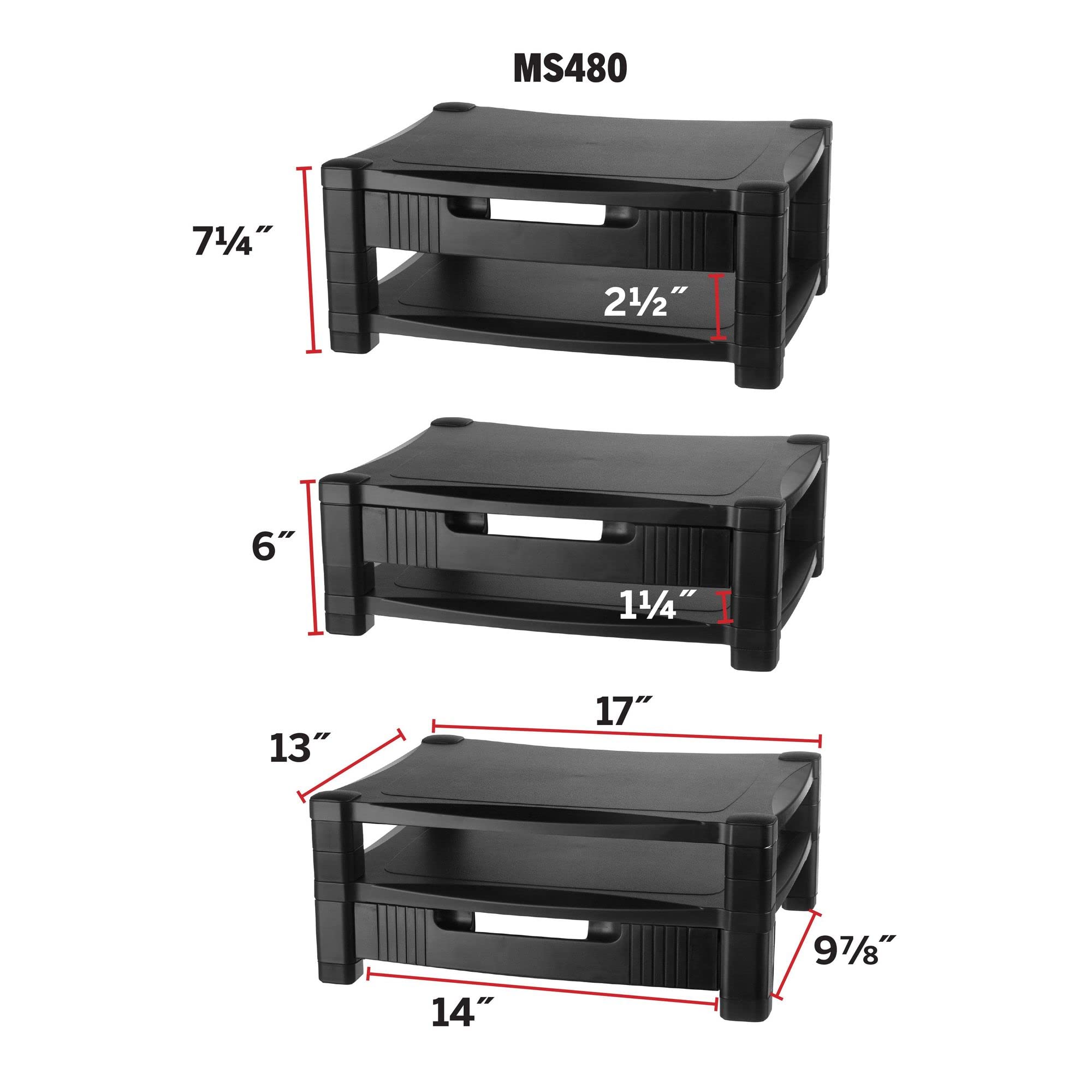 Kantek Two Tier Height Adjustable Computer Monitor Stand Organizer, Removable Organizing Drawer, Cable Management, 17'' X 13.25'