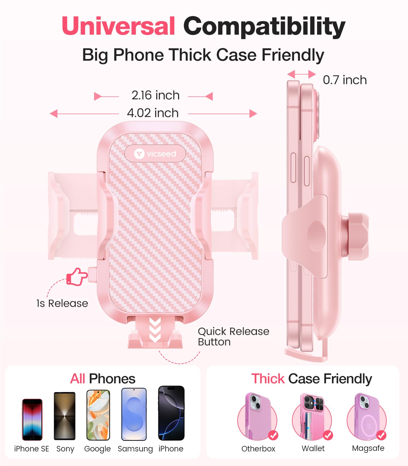 VICSEED Pink Car Phone Holder - Sturdy Air Vent Mount for iPhone, Samsung, Android - Hands-Free Easy Clamp Cradle Accessory