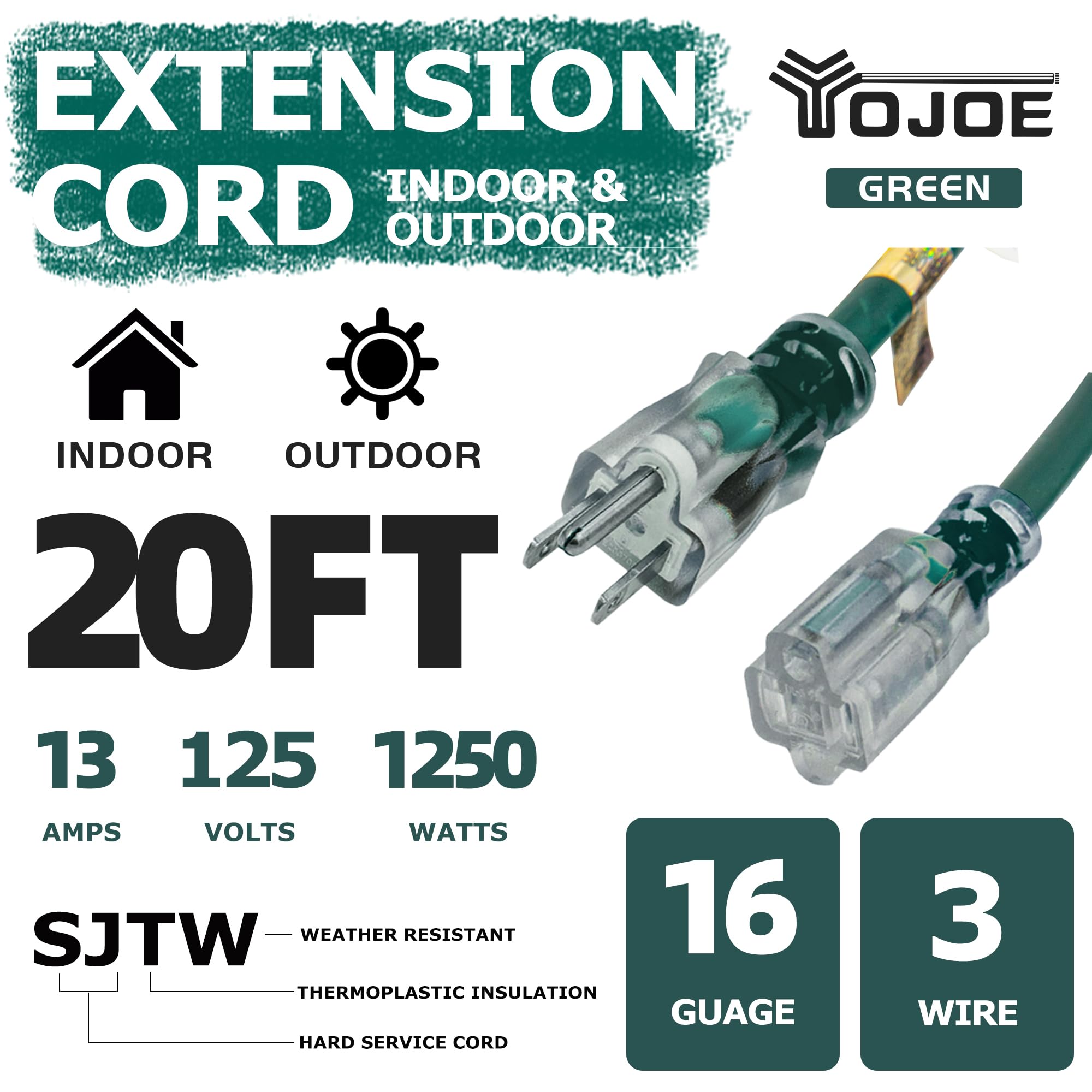 Yojoe Indoor Outdoor Extension Cord With Lighted End, 3 Prong 13A Weatherproof Power Extension Cord, 16 Gauge Heavy Duty 20 Ft G