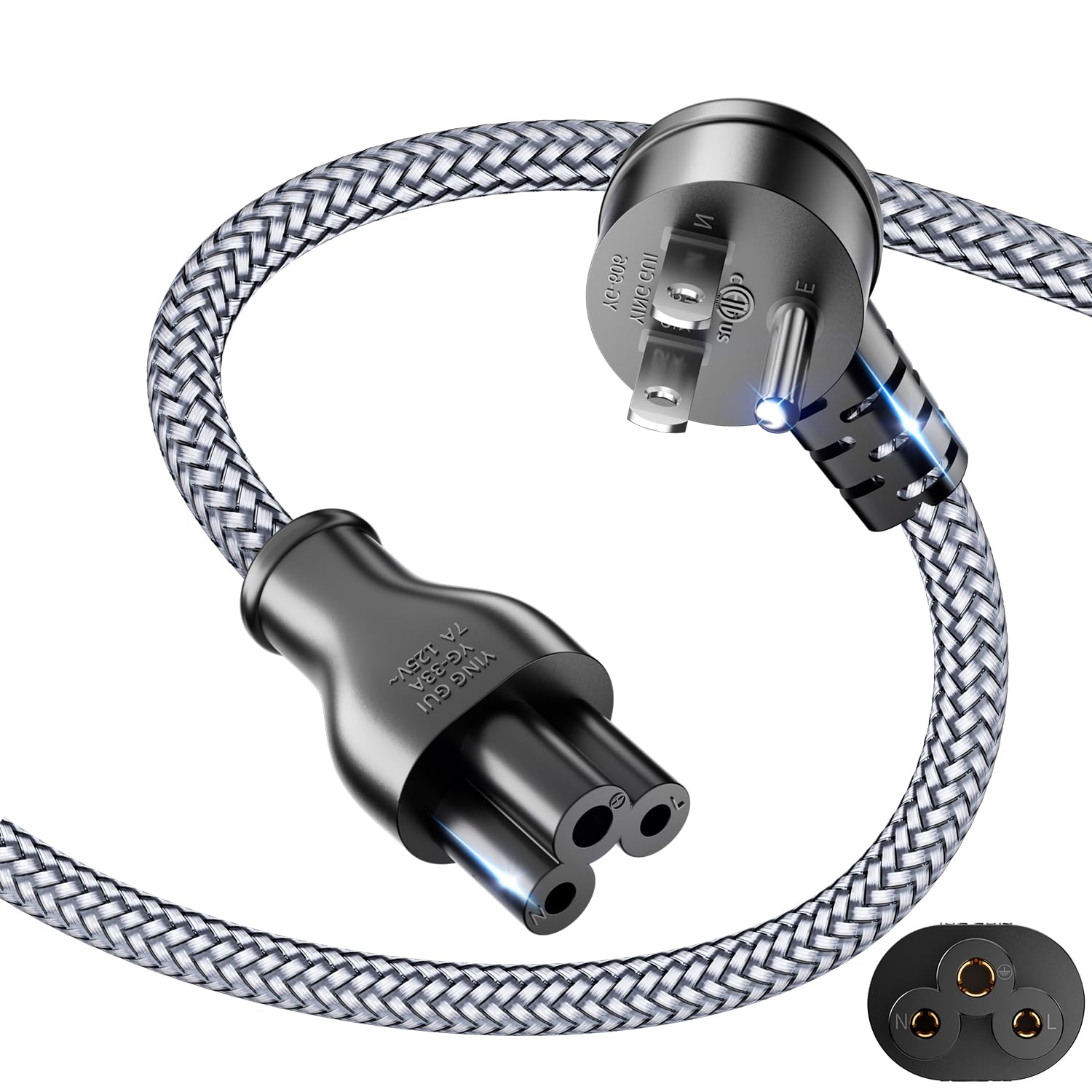 3 Prong AC Laptop Power Cord,1.64Ft Universal Power Cable 90Angled,Braided Power Cord for Dell HP LG Lenovo Asus Acer Toshiba La