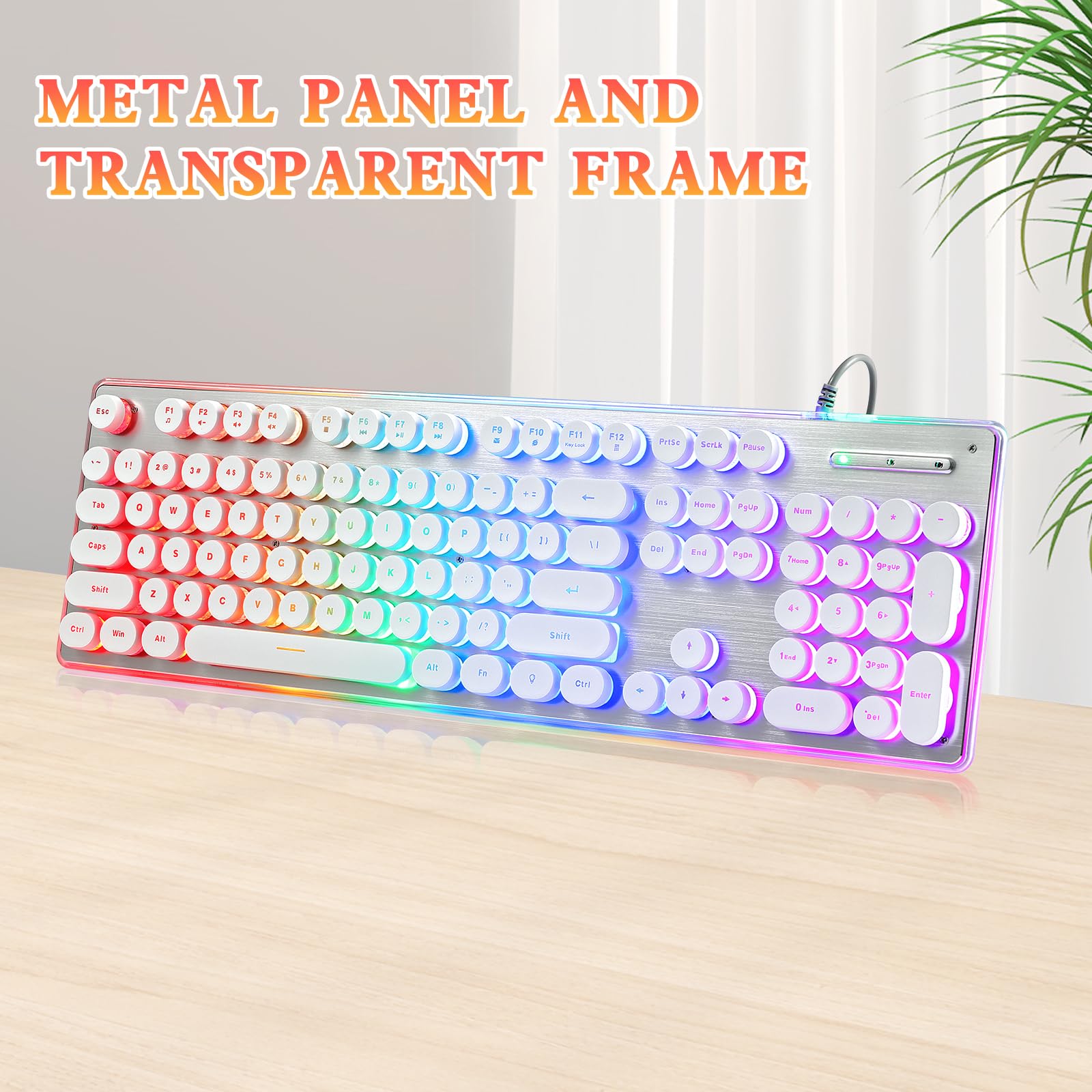 Answk Typewriter Style Keyboard With Metal Panel, Rainbow Led Backlit, Round Keys, Anti Ghosting, Spill Resistant, Light Up Usb
