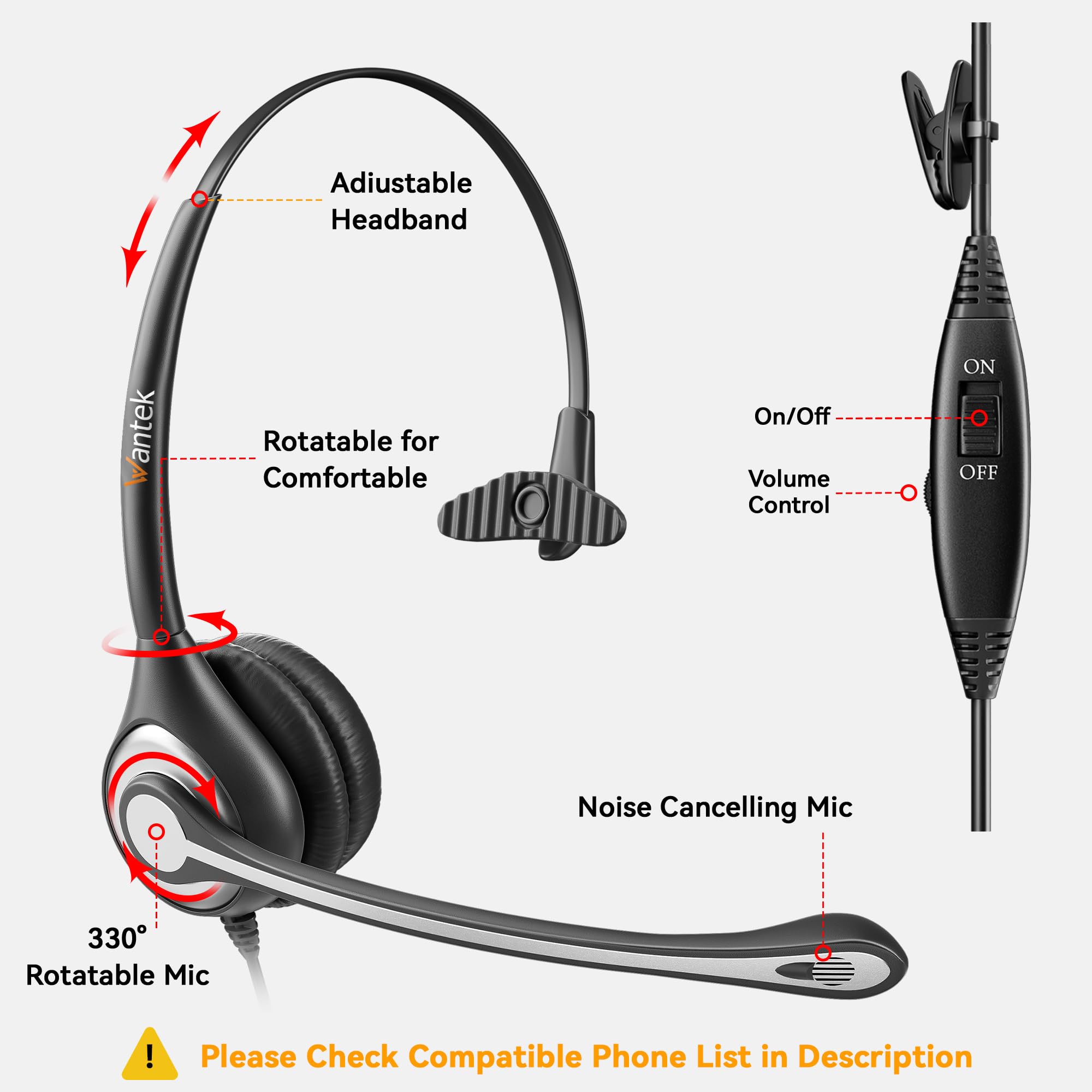 Wantek Corded Telephone Headset Mono W/Noise Canceling Mic + Quick Disconnect