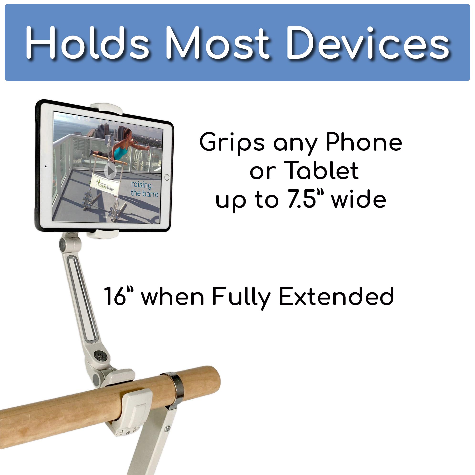 Booty Kicker Tablet Holder With Round Clamp Clamps To 1.25''   1.75'' Barre | Sturdy Metal, Stable Base | Adjusts Firmly And Sec