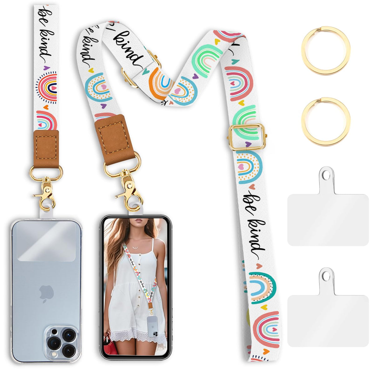 Piefly Phone Lanyard Crossbody Wrist Strap, Be Kind Cell Phone Lanyards For Around The Neck Wristlet Shoulder, Rainbow Cute Phon