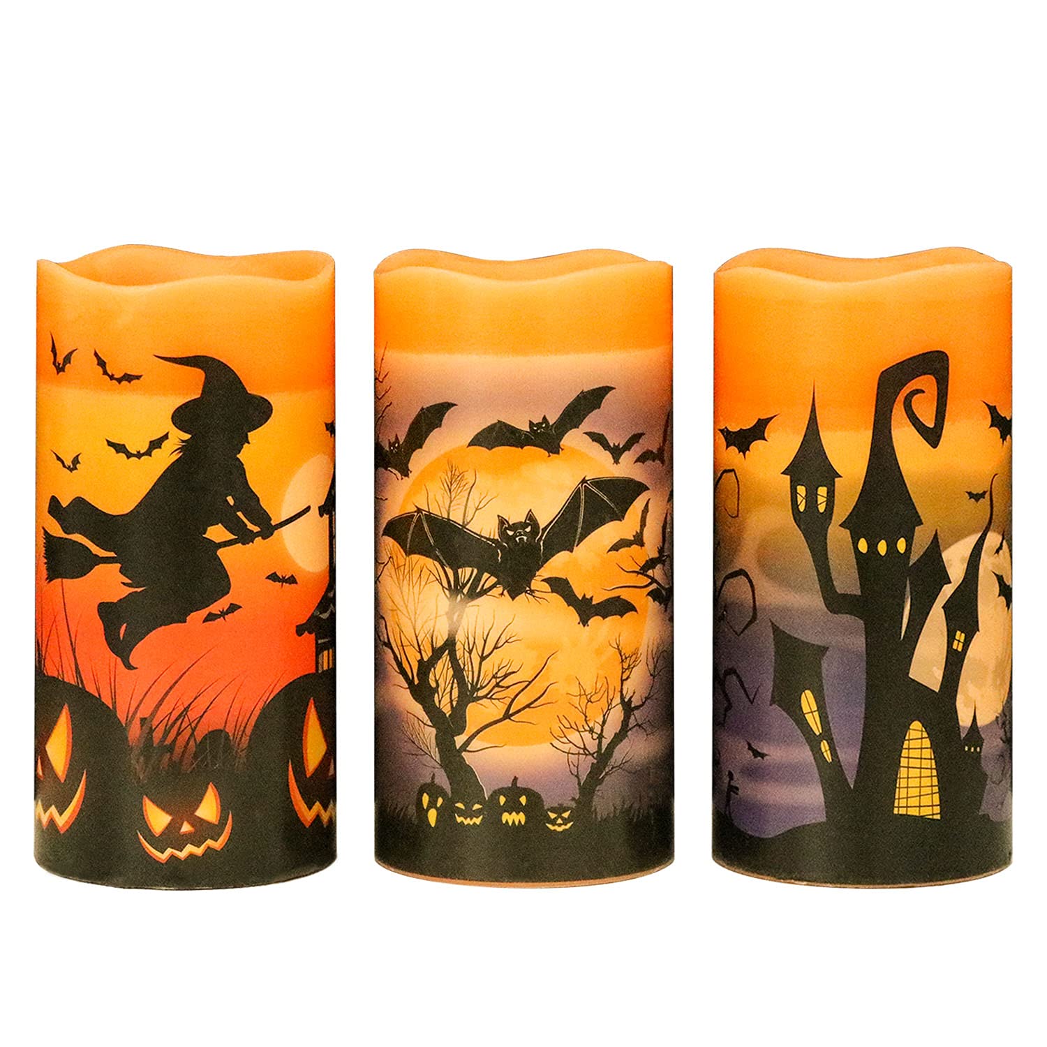 Eldnacele Halloween Flameless Flickering Led Candles With 6 Hour Timer, Battery Operated Wax Candles Assorted Decals Witch, Bats