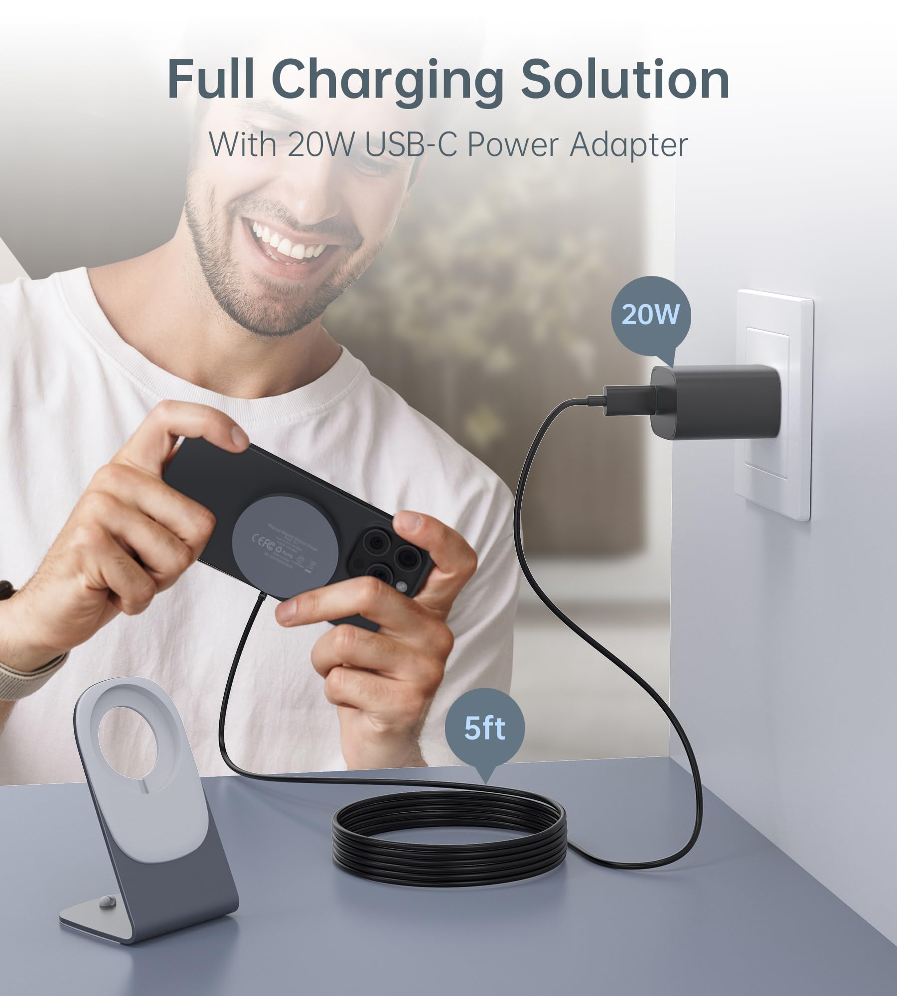 Kabysio Wireless Charger, Mag Safe Charger+20W Usb C Adapter, Fast Wireless Charging Stand/Pad With 5Ft Cable For Iphone 15/14/1