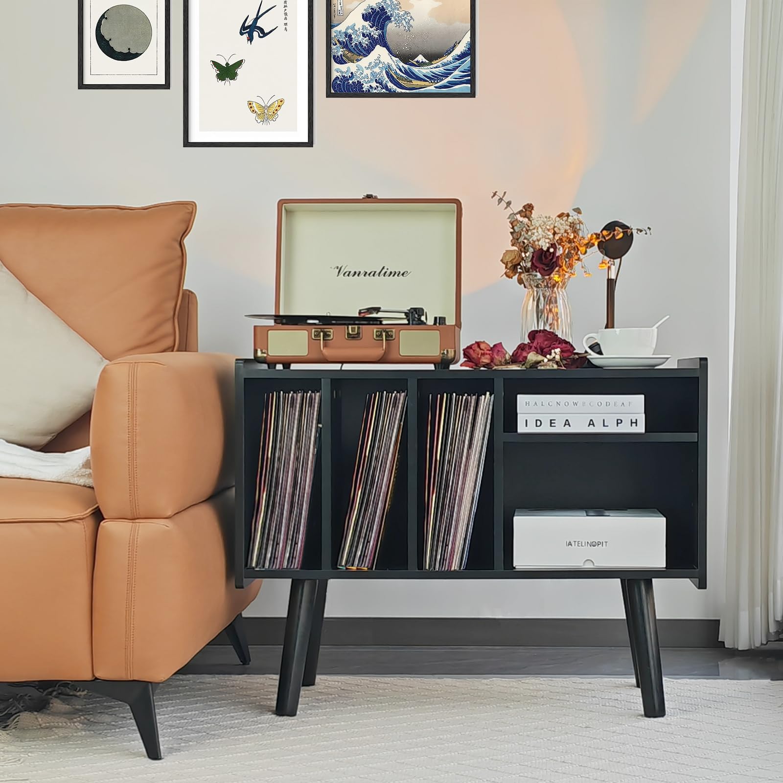 LKKRO Mid-Century Modern Record Player Stand with Vinyl Storage Wood Black