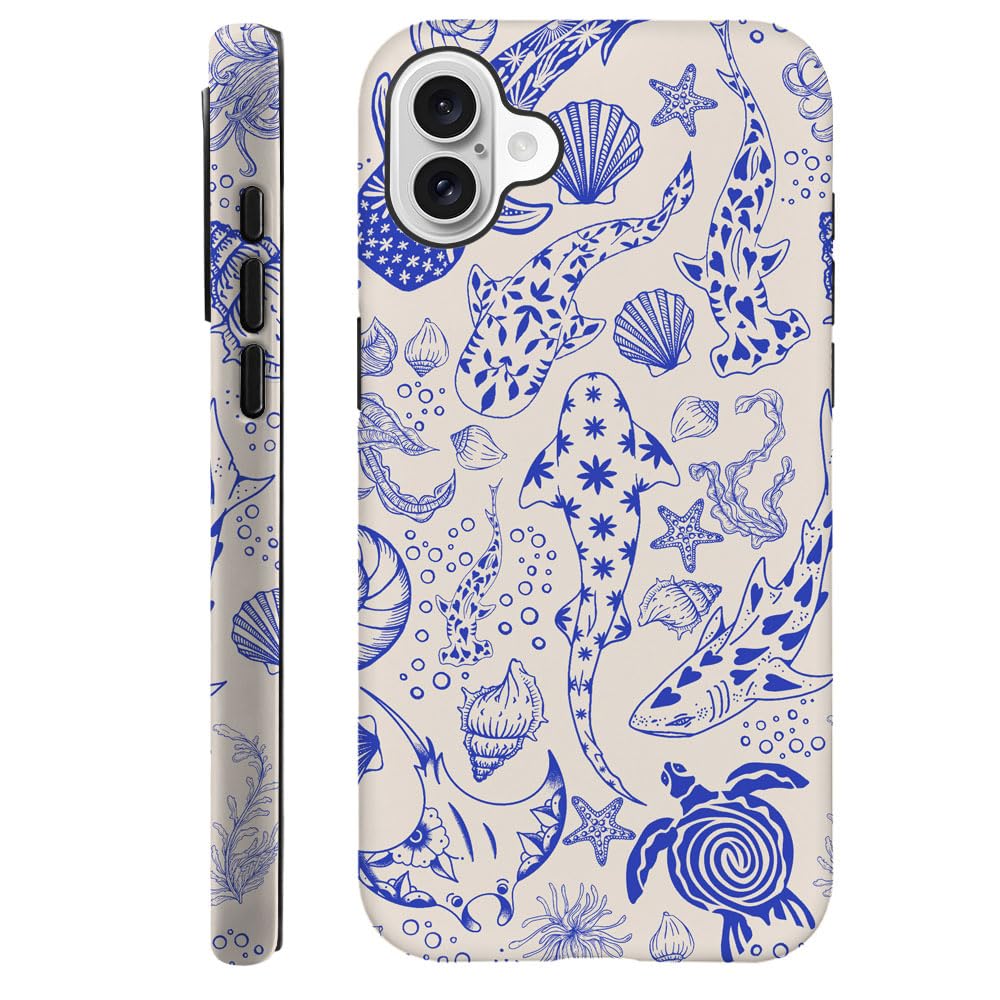 Case for iPhone 16 Plus,Fits Frosted Case Design for Girl Women,Sharks Turtles Shells Seaweed Blue