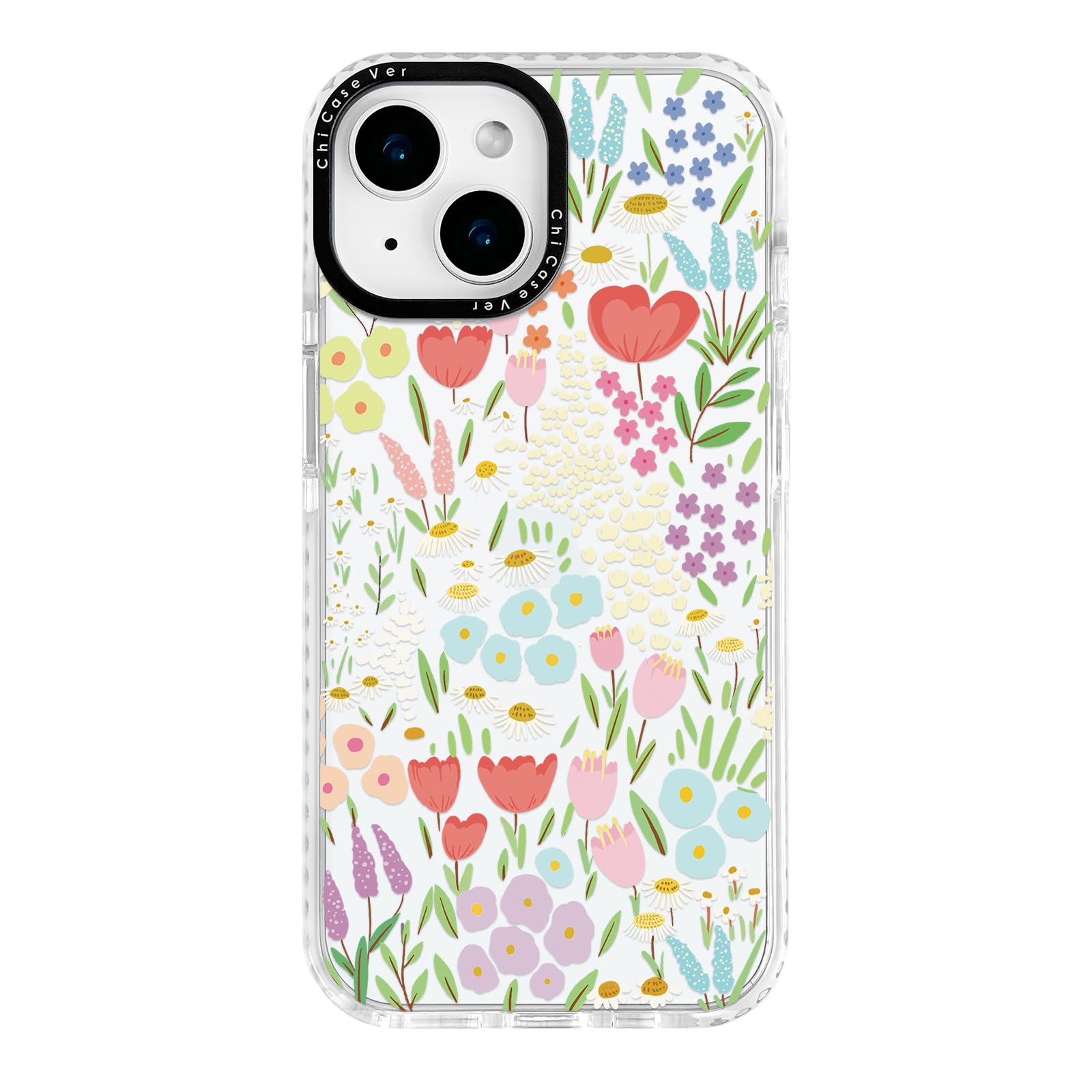 ChiCaseVer for iPhone 13 & iPhone 14 Case, Colorful Floral Meadow Pattern with Tulips, Military-Grade Drop Protection, Spring Wi