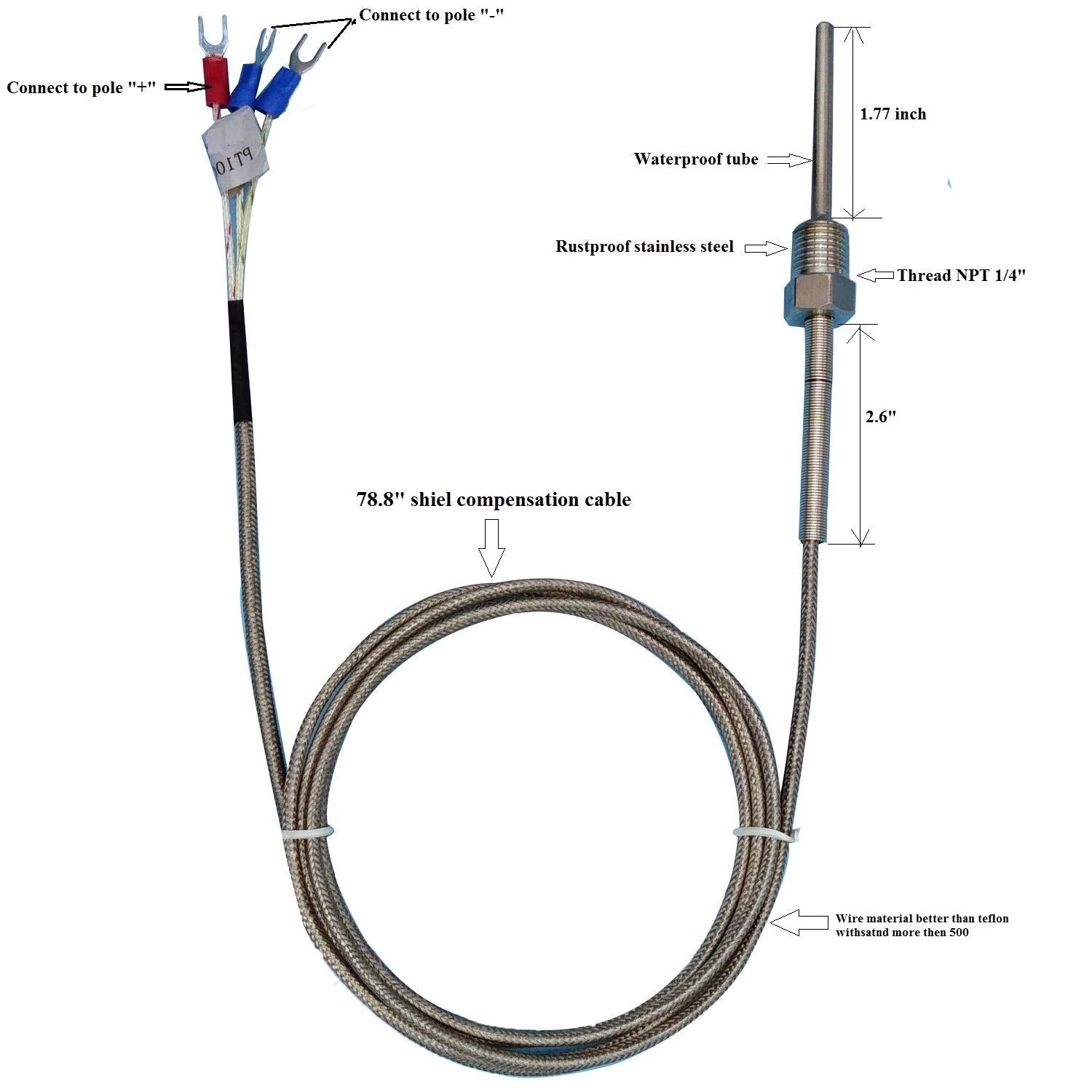 Waterproof Rtd Pt100 Temperature Sensor   Jaybva Stainless Steel 3 Wire Thermistor Probe For Pid Temperature Controller Npt 1/4'