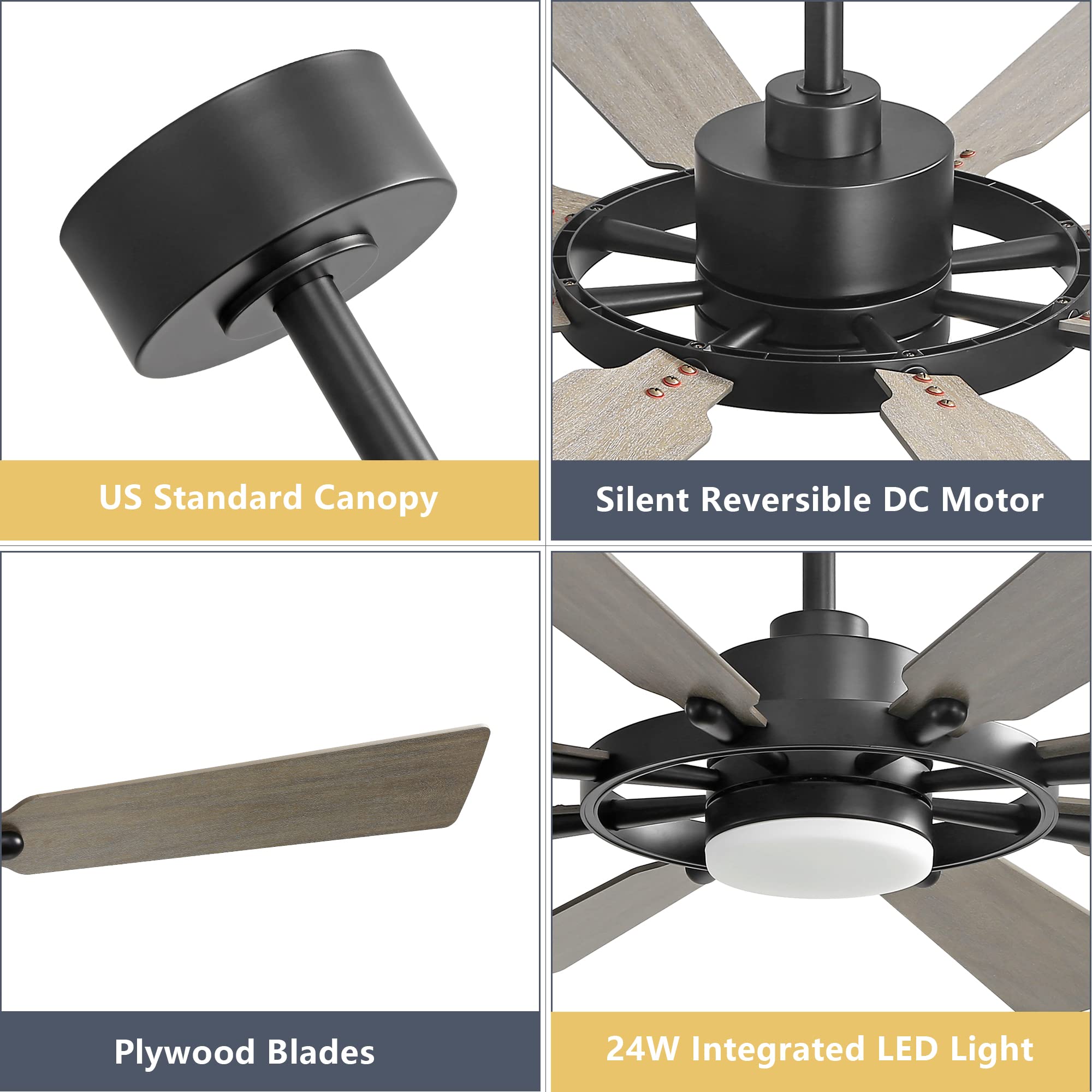 80'' Ceiling Fan With Lights And Remote Control, Wood 8 Blades 6 Speed Noiseless Reversible Dc Motor, 3 Downrods, Modern Indoor/