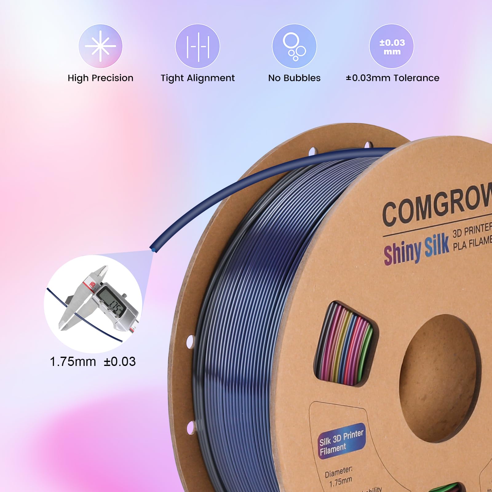 Comgrow Rainbow Colors Silk Pla 3D Printer Filament, Rainbow Pla Filament 1.75Mm, Dimensional Accuracy +/  0.02 Mm, 1Kg Spool, C