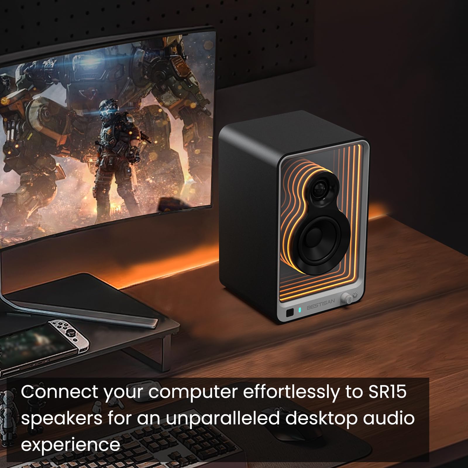 Bestisan Sr15 Bluetooth Bookshelf Speakers, Active Stereo Speakers For Tv/Record Player With Subwoofer Out And Light Effects, Tu