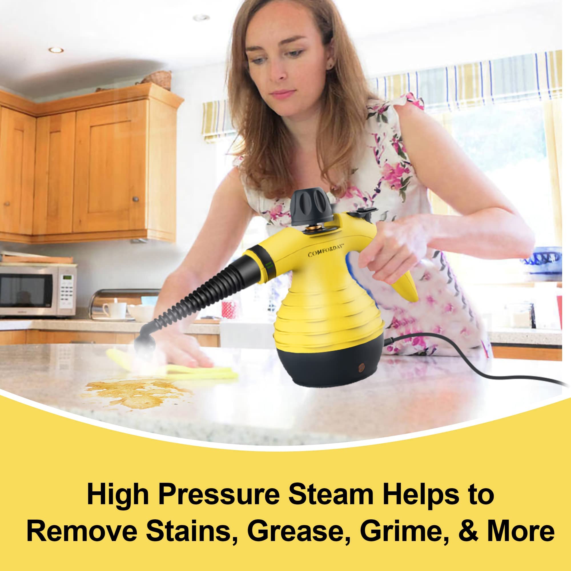 Comforday Multi-Purpose Handheld Steam Cleaner - 9-Piece Accessories, Yellow, Perfect for Stain Removal, Curtains, Car Seats, and More