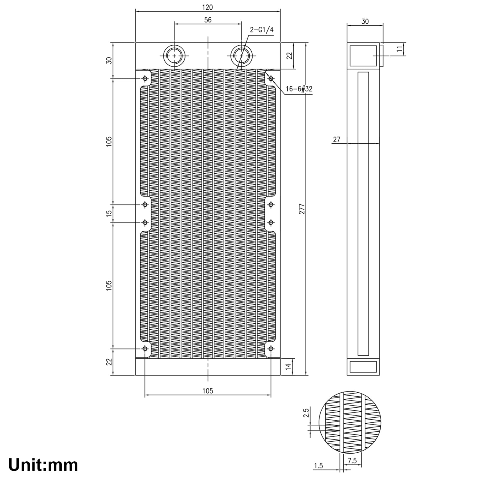 Clyxgs Water Cooling Radiator, 12 Pipe G1/4 Thread Heat Row Radiator 12 Pipe Aluminum Heat Exchanger Radiator For Pc Cpu Compute
