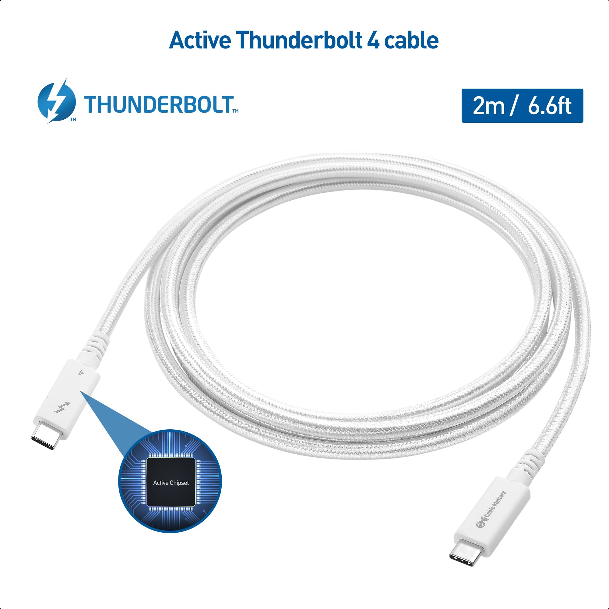 Cable Matters [Intel Certified] Braided 40Gbps Active Thunderbolt 4 Cable 6.6 ft in White with 100W Charging Power Delivery and 8K Video   Fully Compatible with Thunderbolt 3, USB 4 / USB4, and USB C