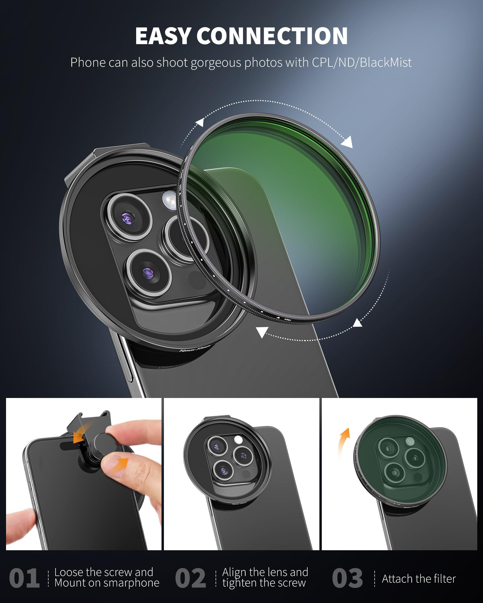 CAMOLO GEEK 72mm CPL Filter for Phone Camera Polarized Lens with Cold Shoe Clip Aluminum 4421CP