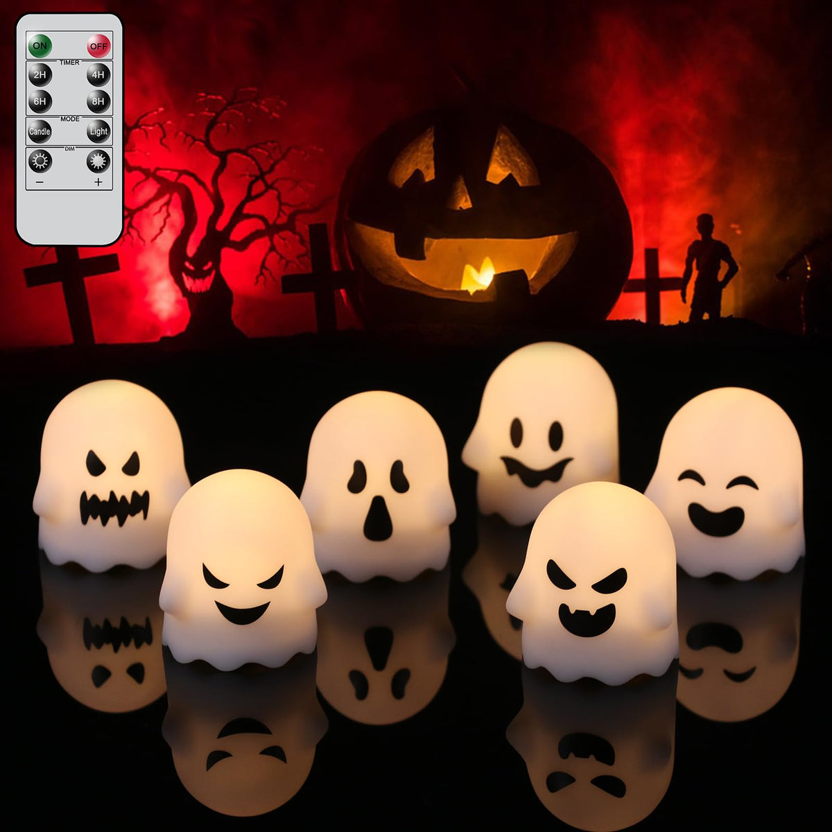 Dromance Ghost Flickering Flameless Candles Battery Operated With Remote And Timer 6 Pack Spooky White Led Tea Lights Candles Di