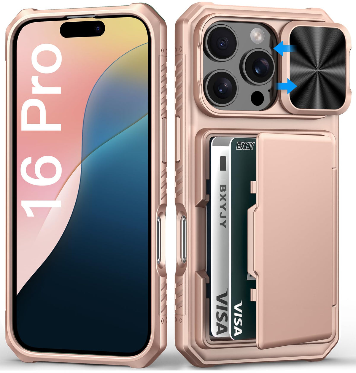 Bxyjy For Iphone 16 Pro Case Wallet, Built In Card Holder (4 5 Cards), Slide Camera Cover, Military Grade Protection, Hard Heavy
