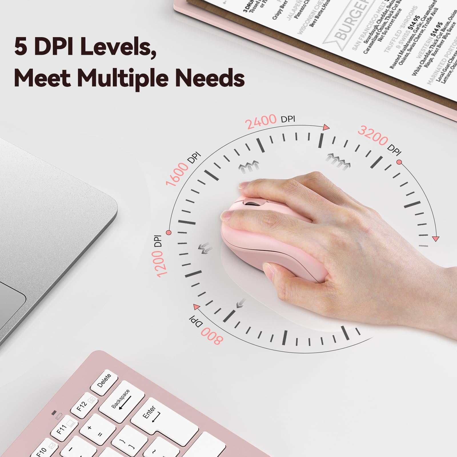 Tecknet Wireless Mouse For Laptop, 2.4G Silent Mouse Quiet Click, Small Portable Computer Mouse, 5 Dpi Levels, Cordless Mice For Pc, Chromebook, Mac   Pink